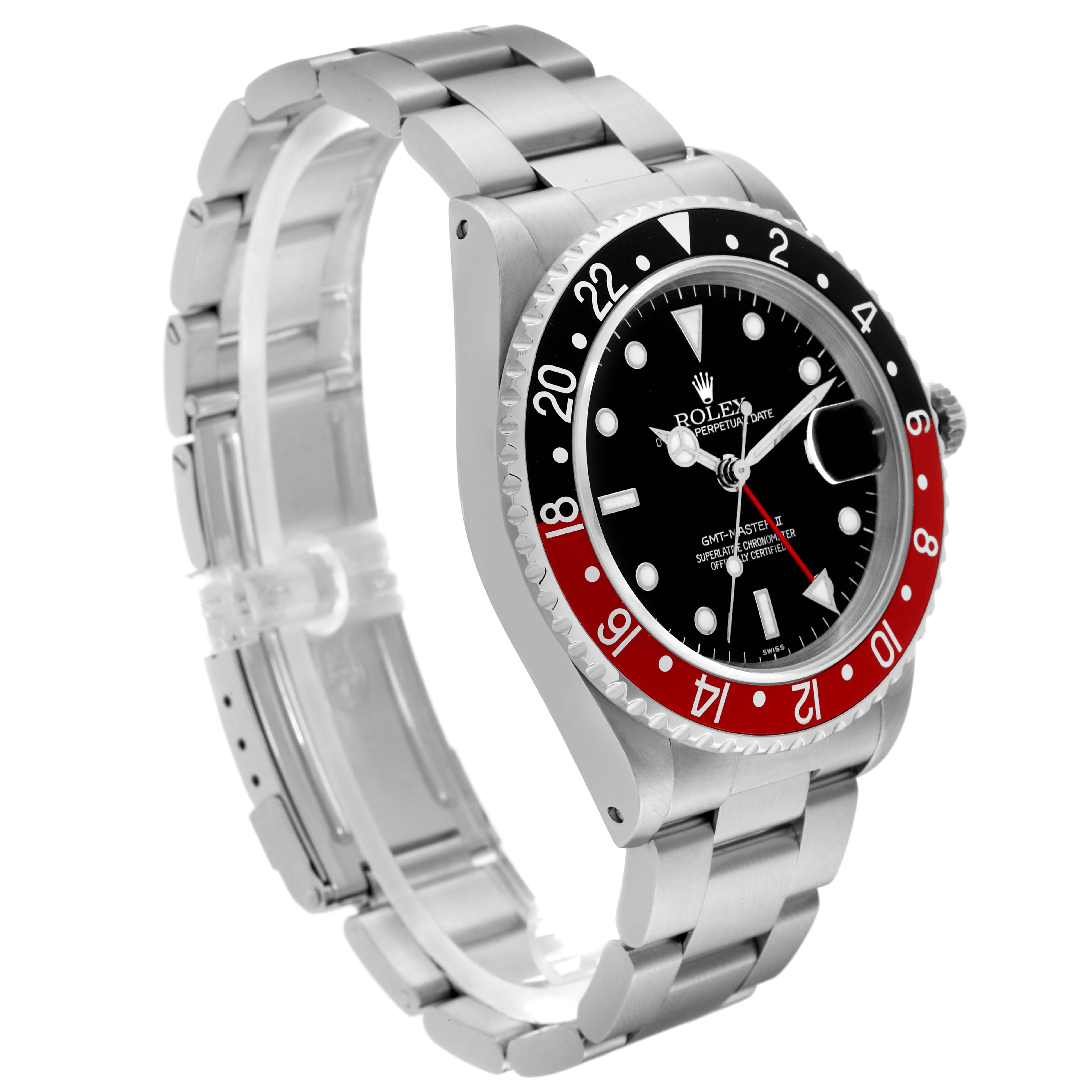 This image shows a Rolex GMT-Master 16710 Men
s Stainless Steel Black Dial 16710 Men
s Stainless Steel Black Dial watch at a three-quarter angle, highlighting the bezel, dial, and stainless steel bracelet.