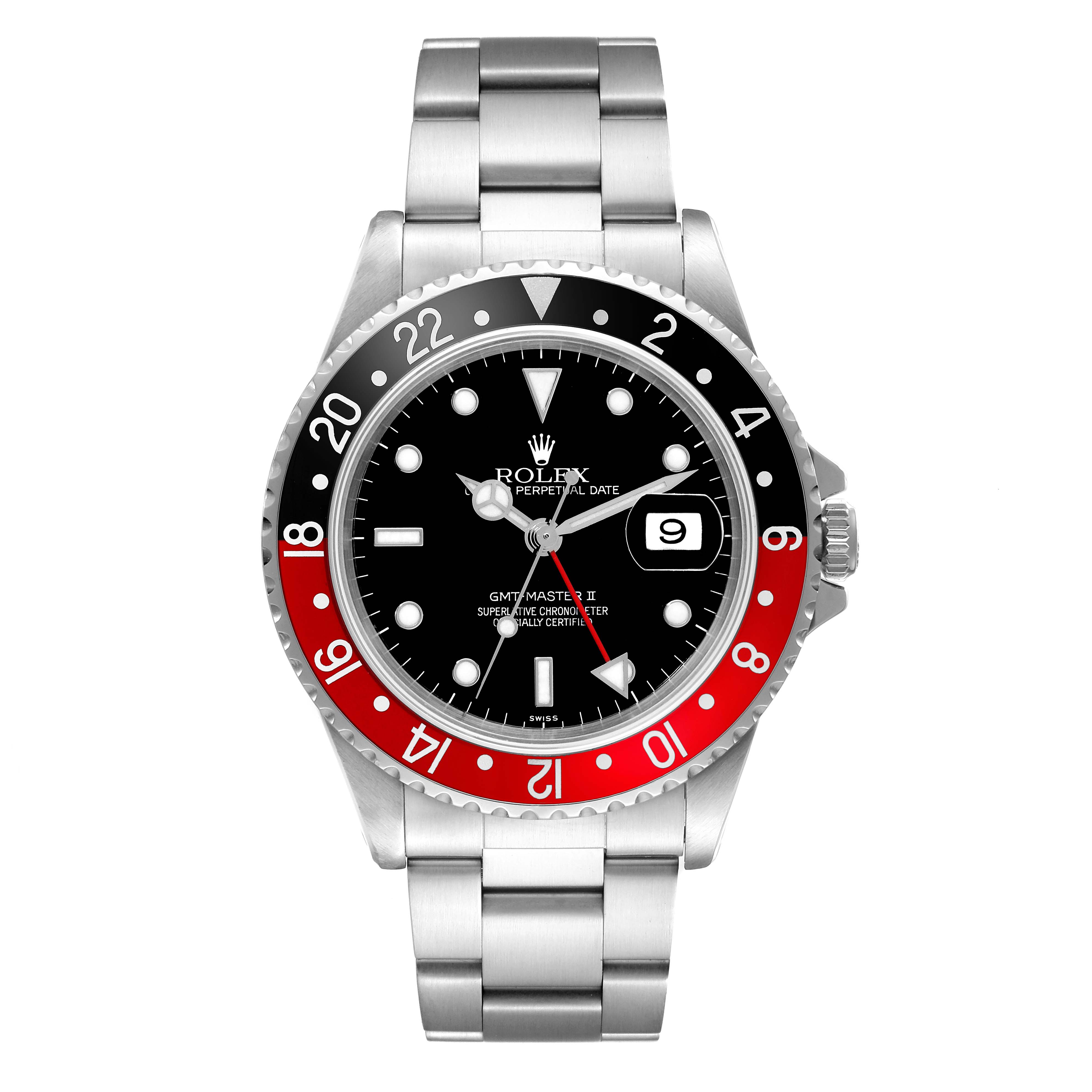 The image shows a front view of a Rolex GMT-Master 16710 Men
s Stainless Steel Black Dial 16710 Men
s Stainless Steel Black Dial II watch featuring a black and red bezel, black dial, and silver metal bracelet.