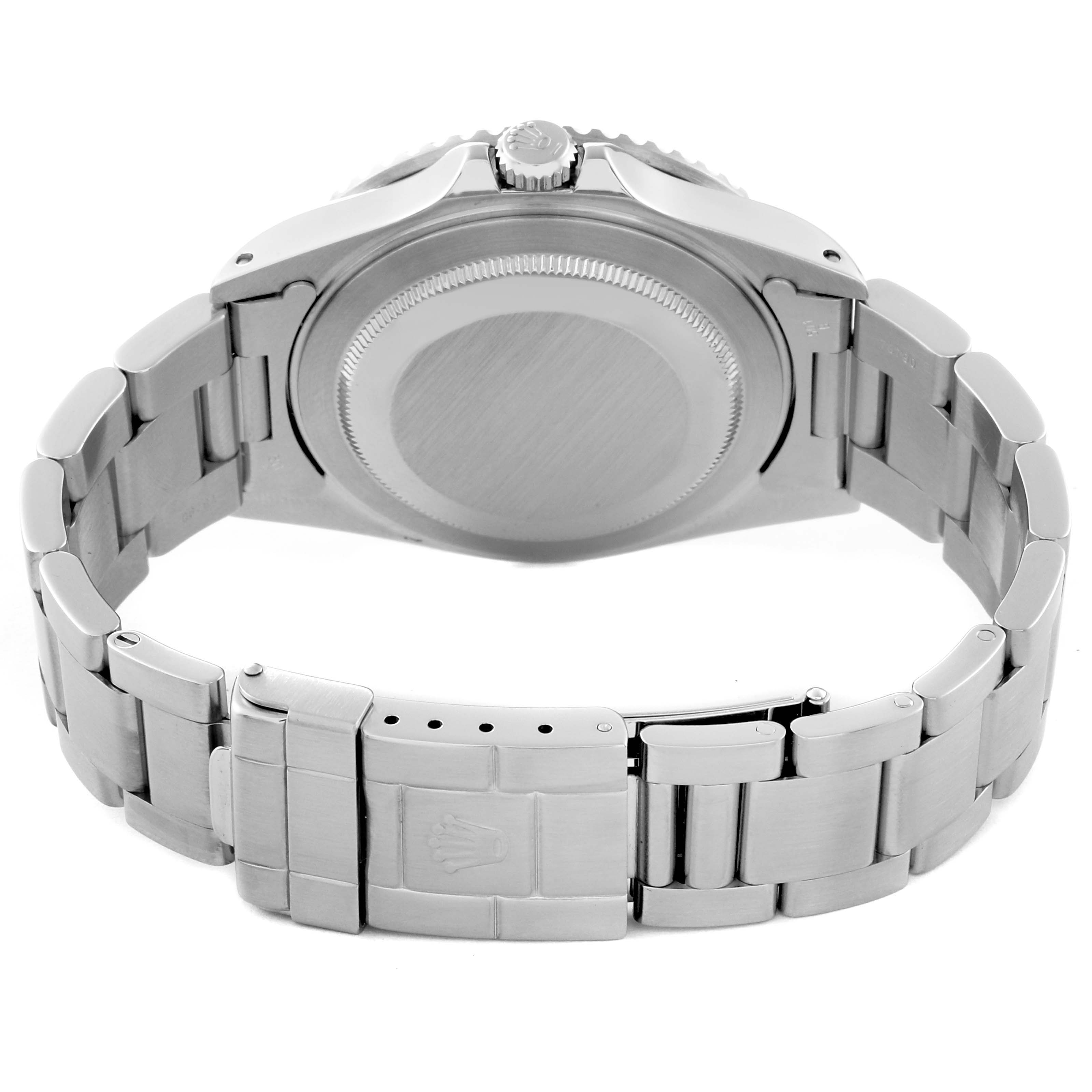 The image shows the back view of the Rolex GMT-Master 16710 Men
s Stainless Steel Black Dial 16710 Men
s Stainless Steel Black Dial watch, highlighting its case back, crown, and bracelet with the Rolex logo on the clasp.