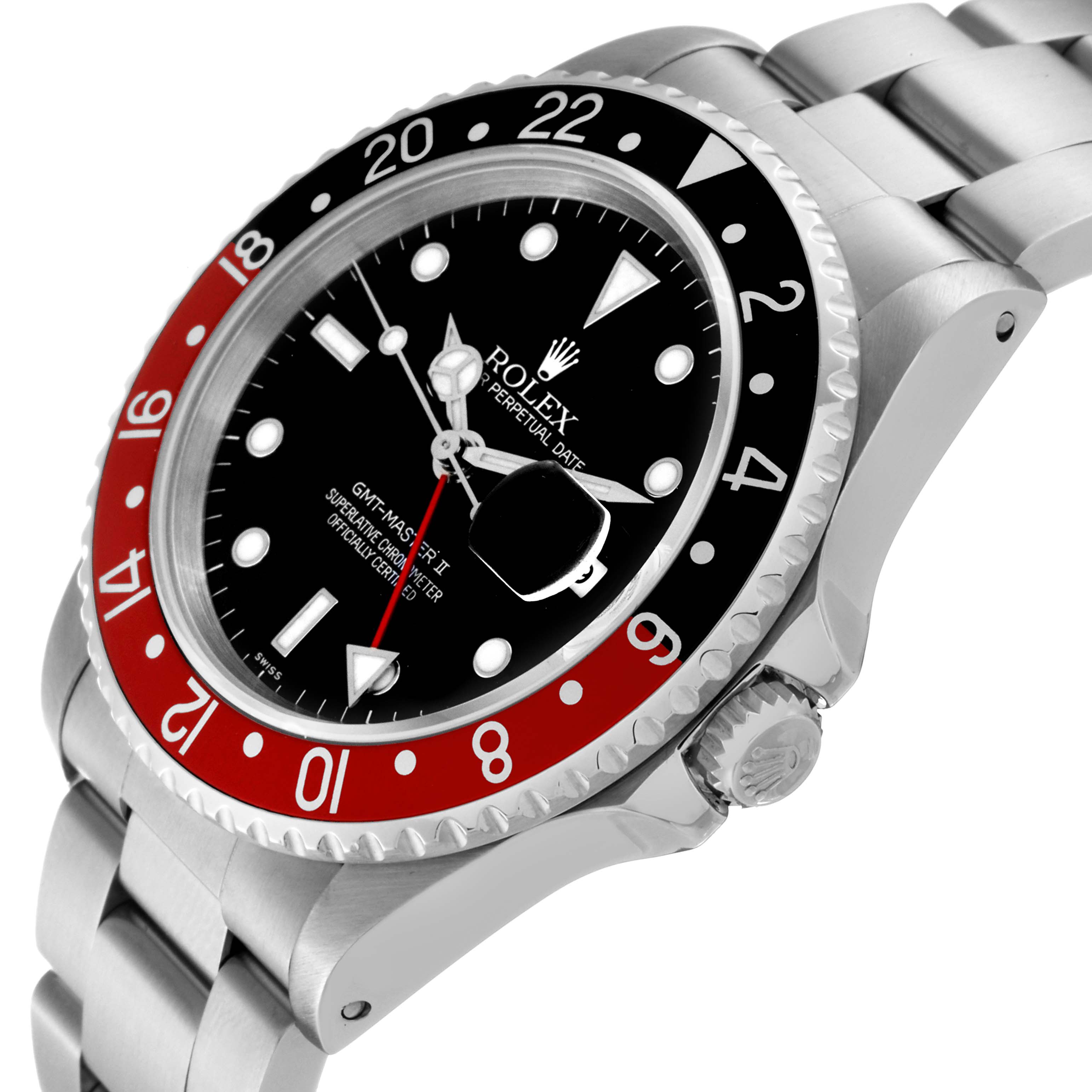 This image shows a side angle of the Rolex GMT-Master 16710 Men
s Stainless Steel Black Dial 16710 Men
s Stainless Steel Black Dial II, highlighting the dial, bezel, and bracelet.
