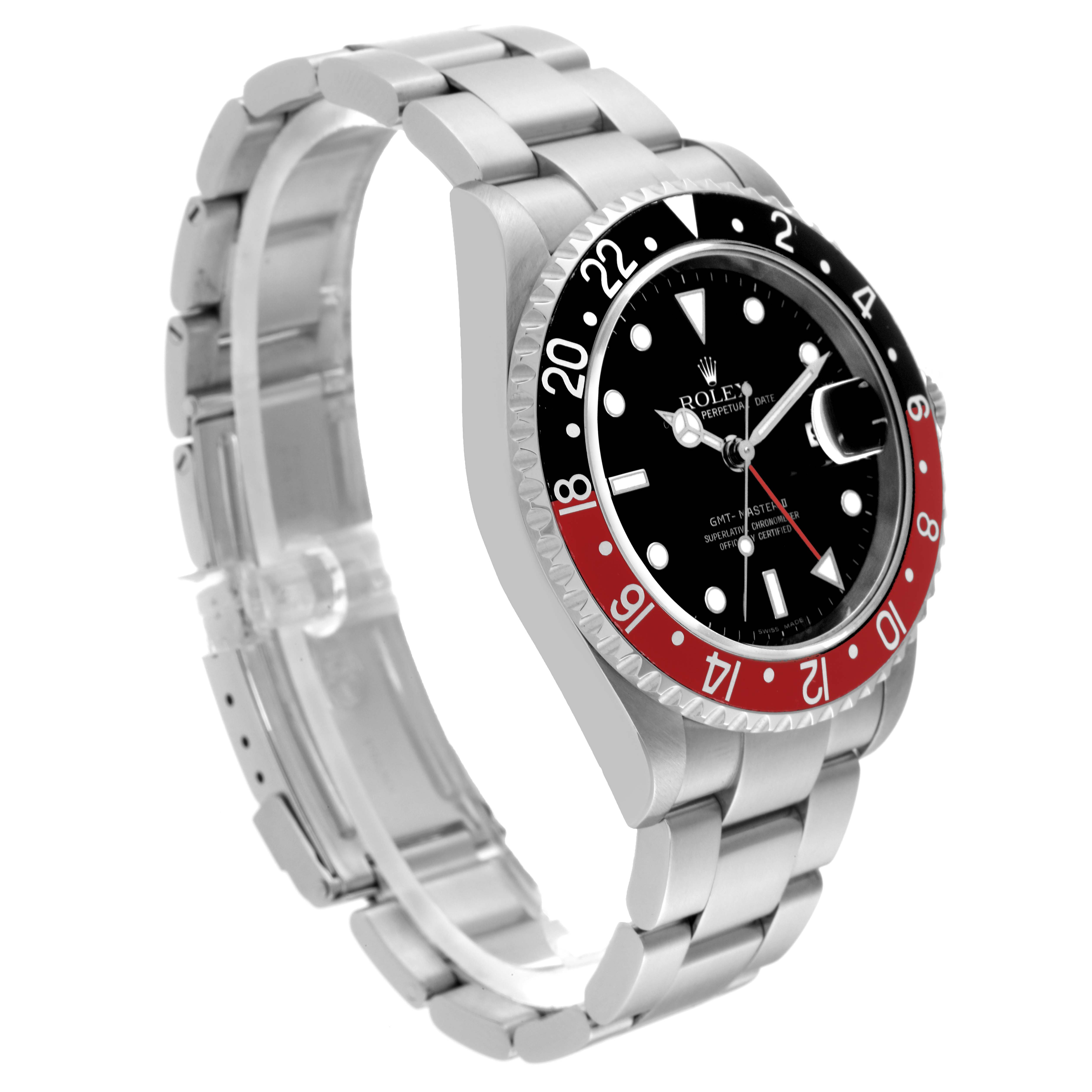 The image shows a side angle of a Rolex GMT-Master 16710 Men
s Stainless Steel Black Dial 16710 Men
s Stainless Steel Black Dial watch, highlighting the bezel, dial, case, and bracelet.