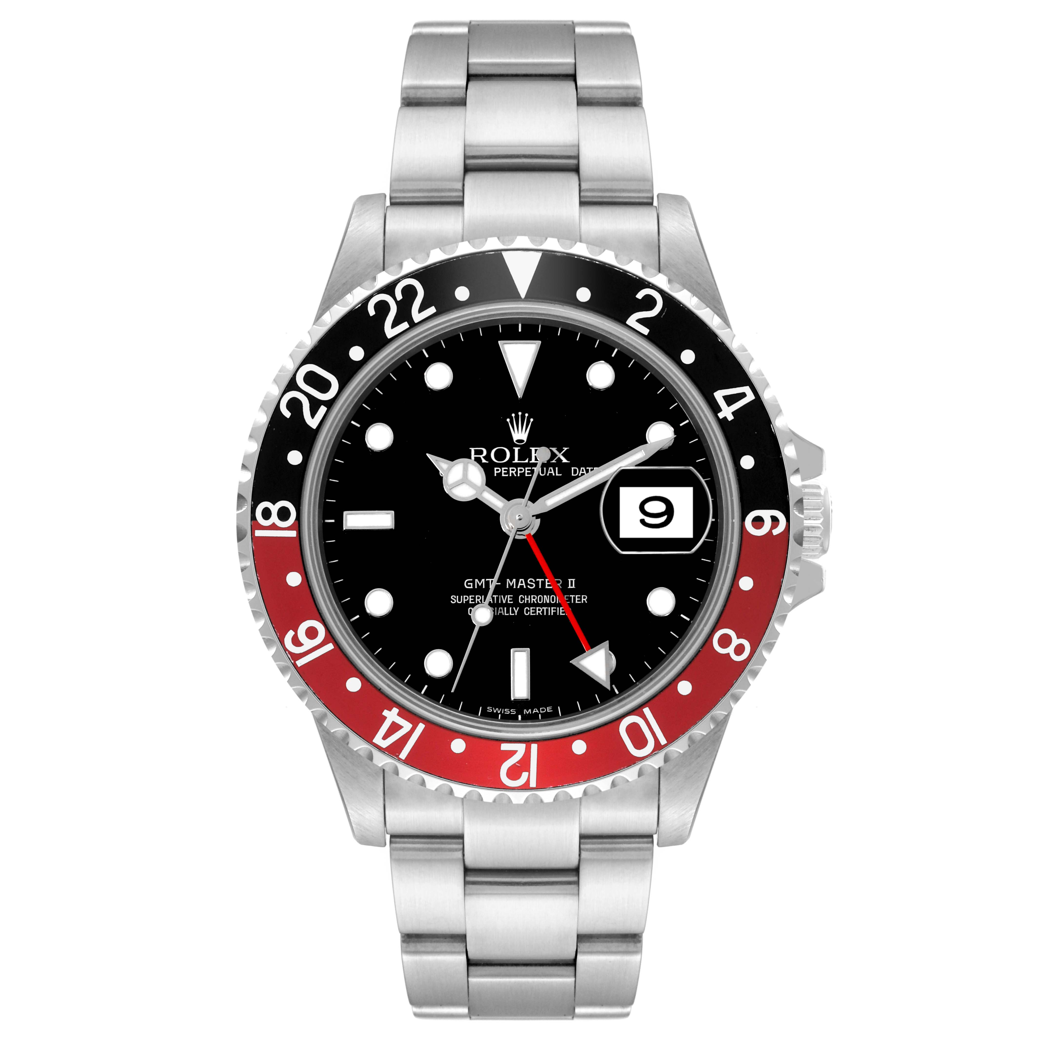 The image shows a front view of a Rolex GMT-Master 16710 Men
s Stainless Steel Black Dial 16710 Men
s Stainless Steel Black Dial watch with its black and red bezel, black dial, and date window.
