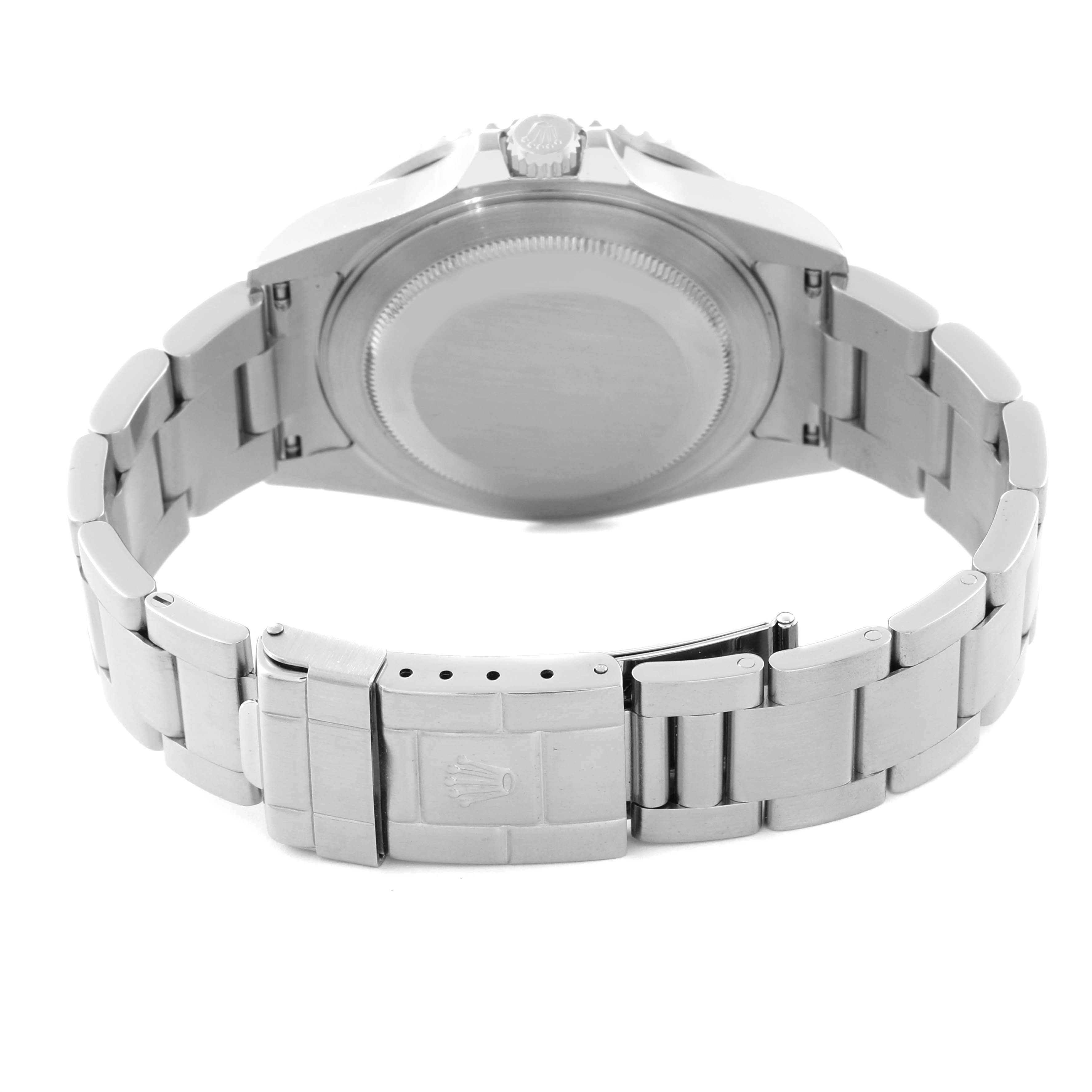 The image shows the back view of a Rolex GMT-Master 16710 Men
s Stainless Steel Black Dial 16710 Men
s Stainless Steel Black Dial watch, highlighting the case back, bracelet, and clasp.