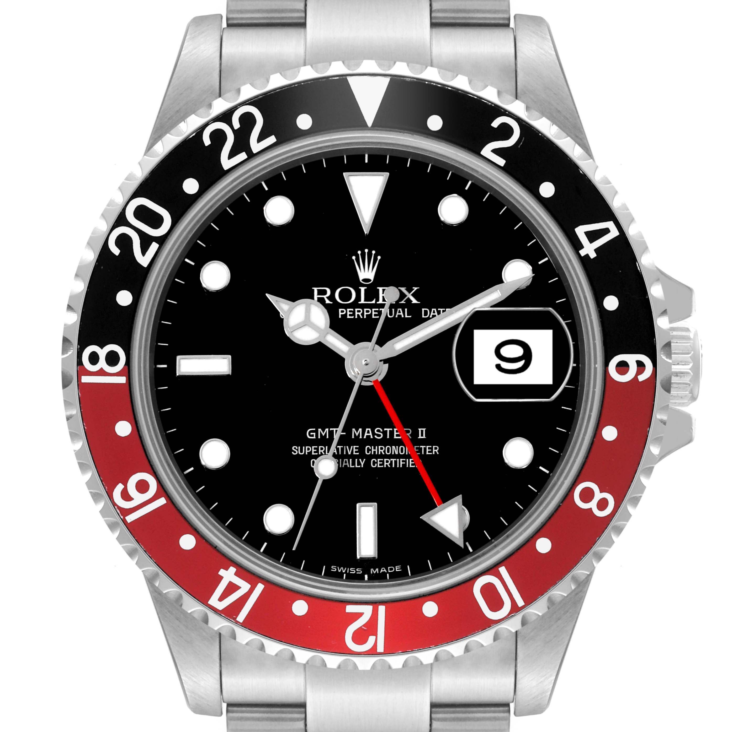The image shows the face, bezel, and part of the bracelet of a Rolex GMT-Master 16710 Men
s Stainless Steel Black Dial 16710 Men
s Stainless Steel Black Dial II watch, viewed from the front.