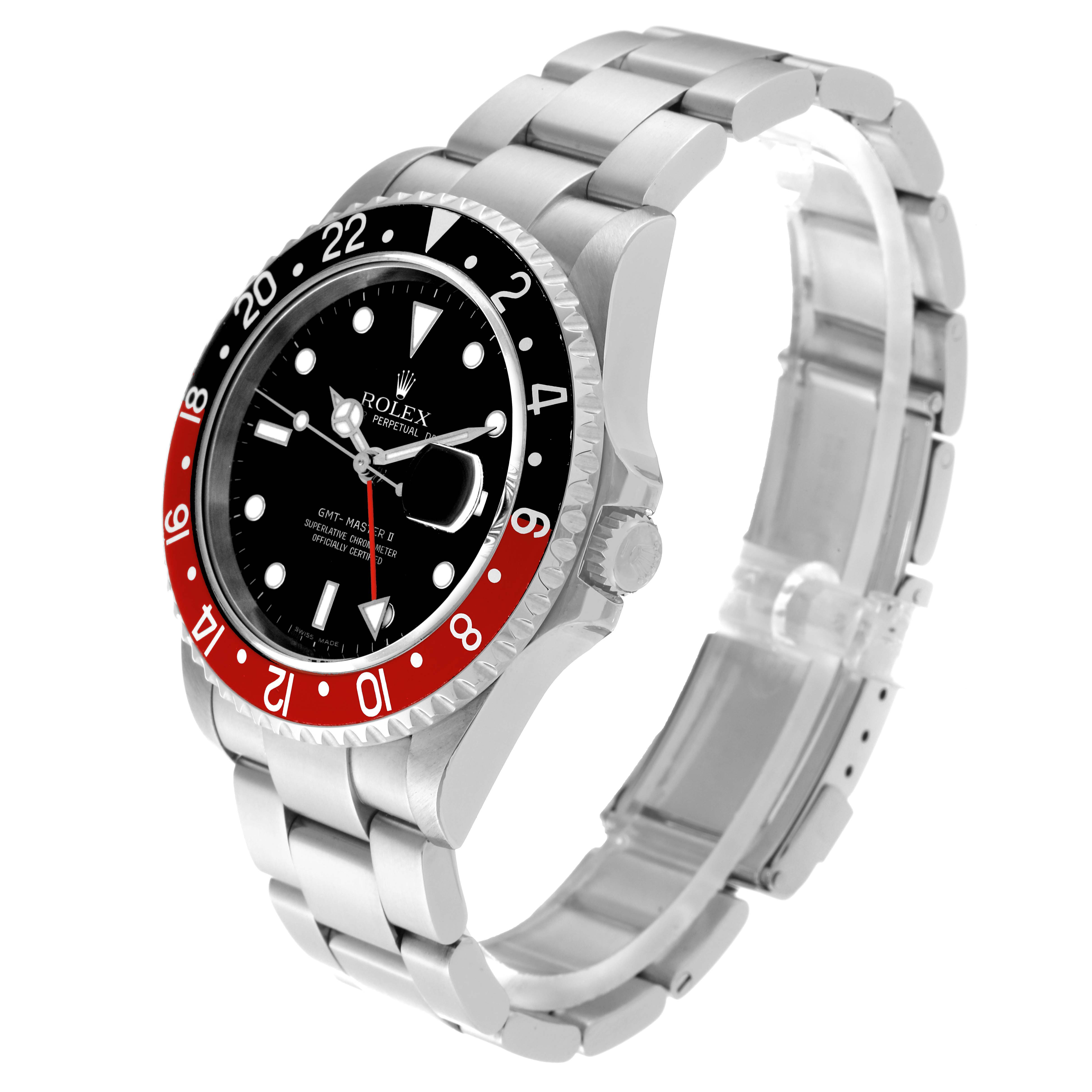 The Rolex GMT-Master 16710 Men
s Stainless Steel Black Dial 16710 Men
s Stainless Steel Black Dial watch is shown at an angled view, displaying the face, bezel, crown, and stainless steel bracelet.
