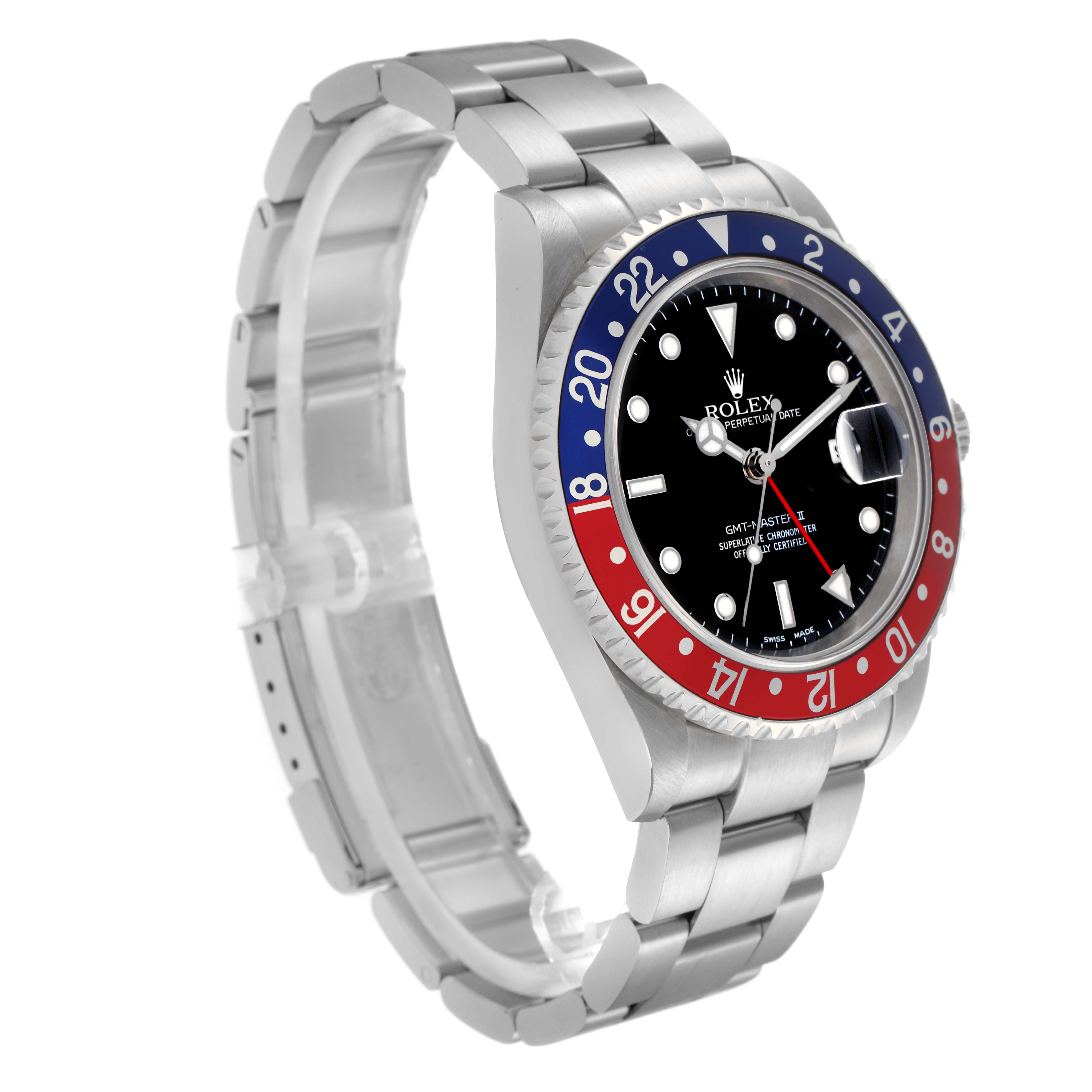 The Rolex GMT-Master 16710 Men
s Stainless Steel Black Dial 16710 Men
s Stainless Steel Black Dial watch is shown at a three-quarter angle, highlighting the bezel, dial, and bracelet.