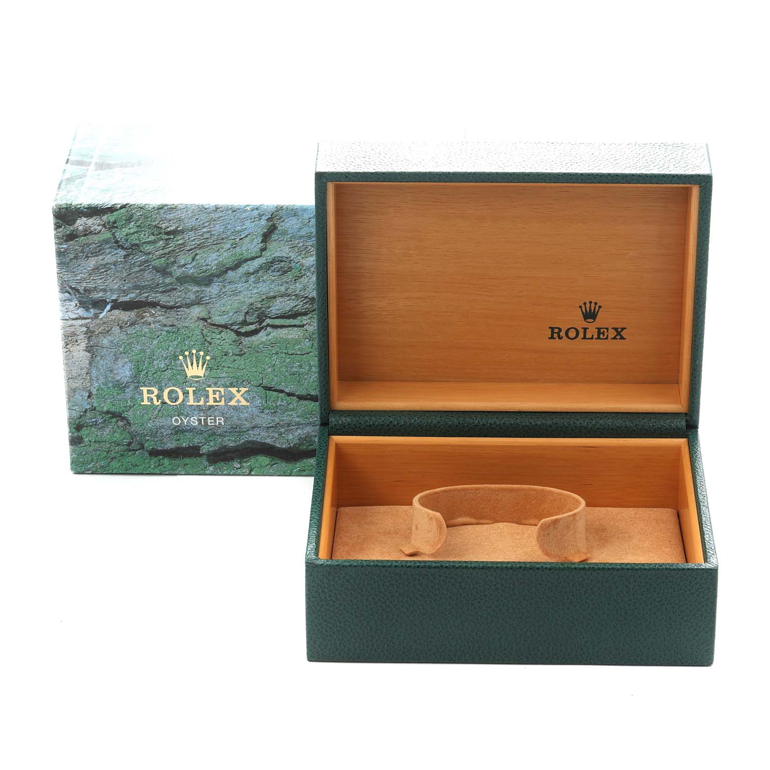 The image shows an open Rolex GMT-Master 16710 Men
s Stainless Steel Black Dial 16710 Men
s Stainless Steel Black Dial box, displaying its interior with a cushion and the exterior packaging.