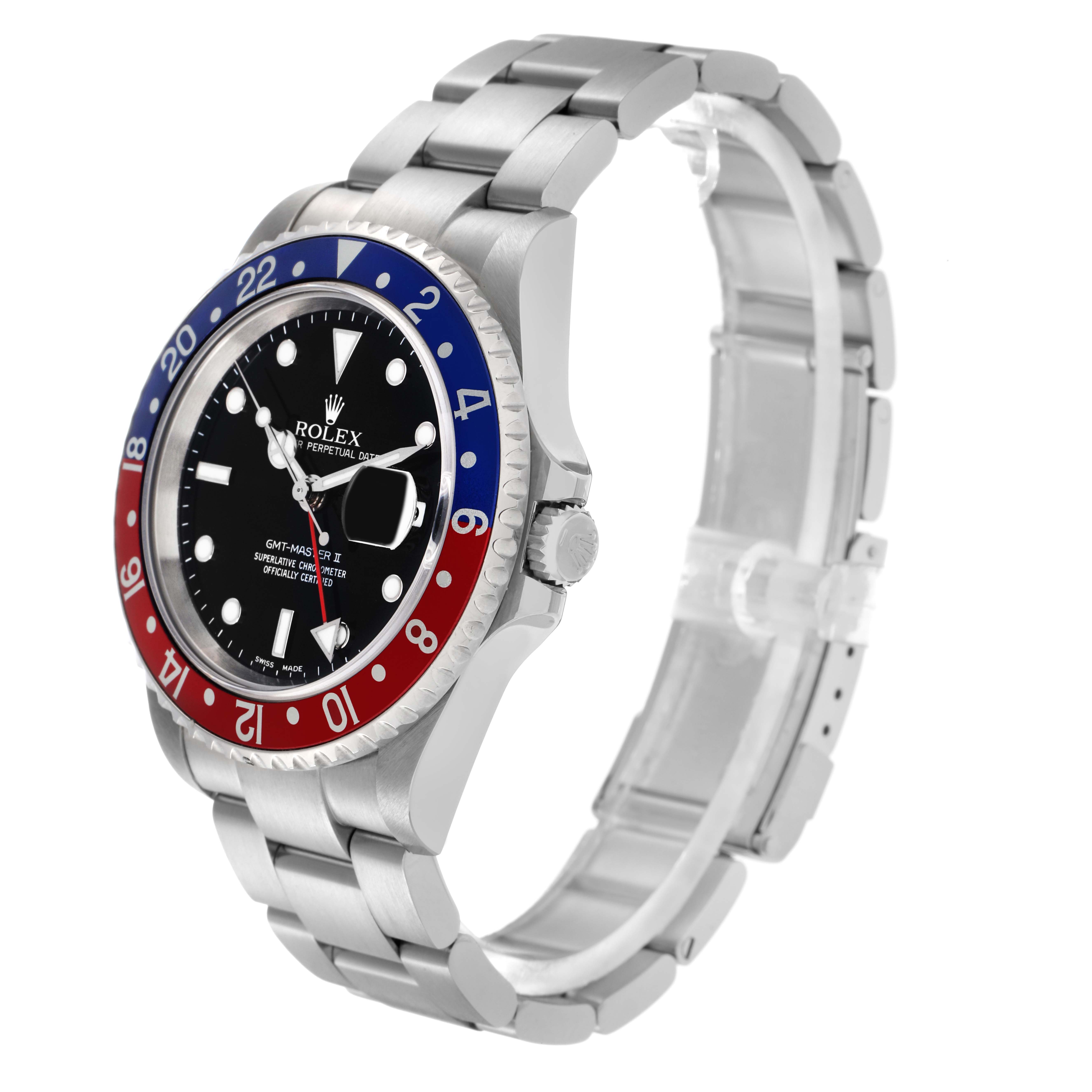 The Rolex GMT-Master 16710 Men
s Stainless Steel Black Dial 16710 Men
s Stainless Steel Black Dial watch is shown at a three-quarter angle, displaying the bezel, dial, and bracelet.