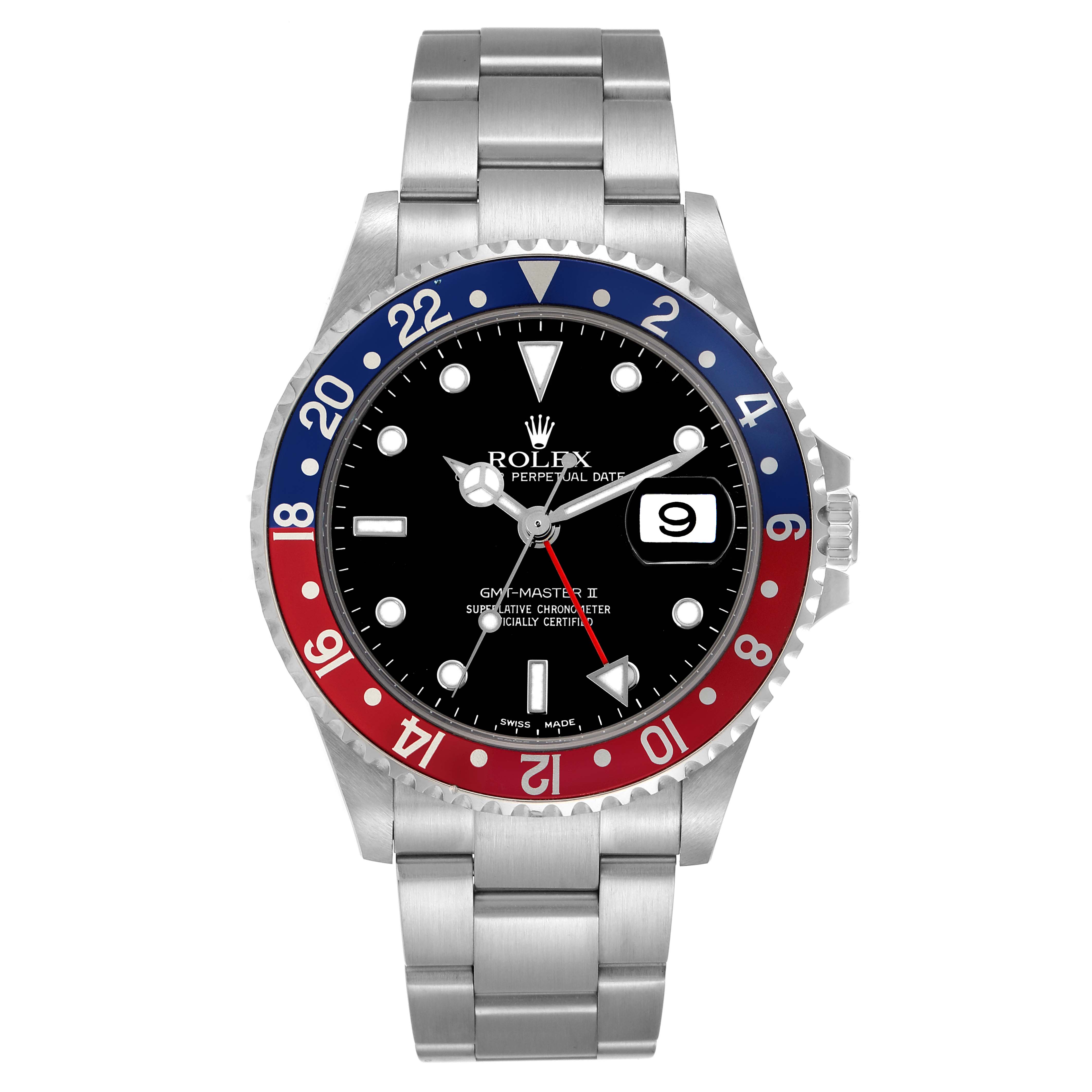 The Rolex GMT-Master 16710 Men
s Stainless Steel Black Dial 16710 Men
s Stainless Steel Black Dial watch is shown from the front, displaying the face, case, bezel, and part of the bracelet.