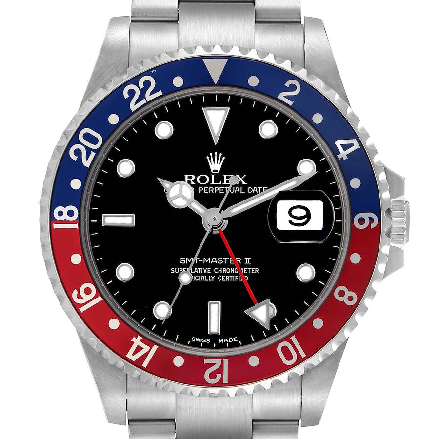 The Rolex GMT-Master watch is shown from the front, highlighting the bezel, dial, hands, and date window.