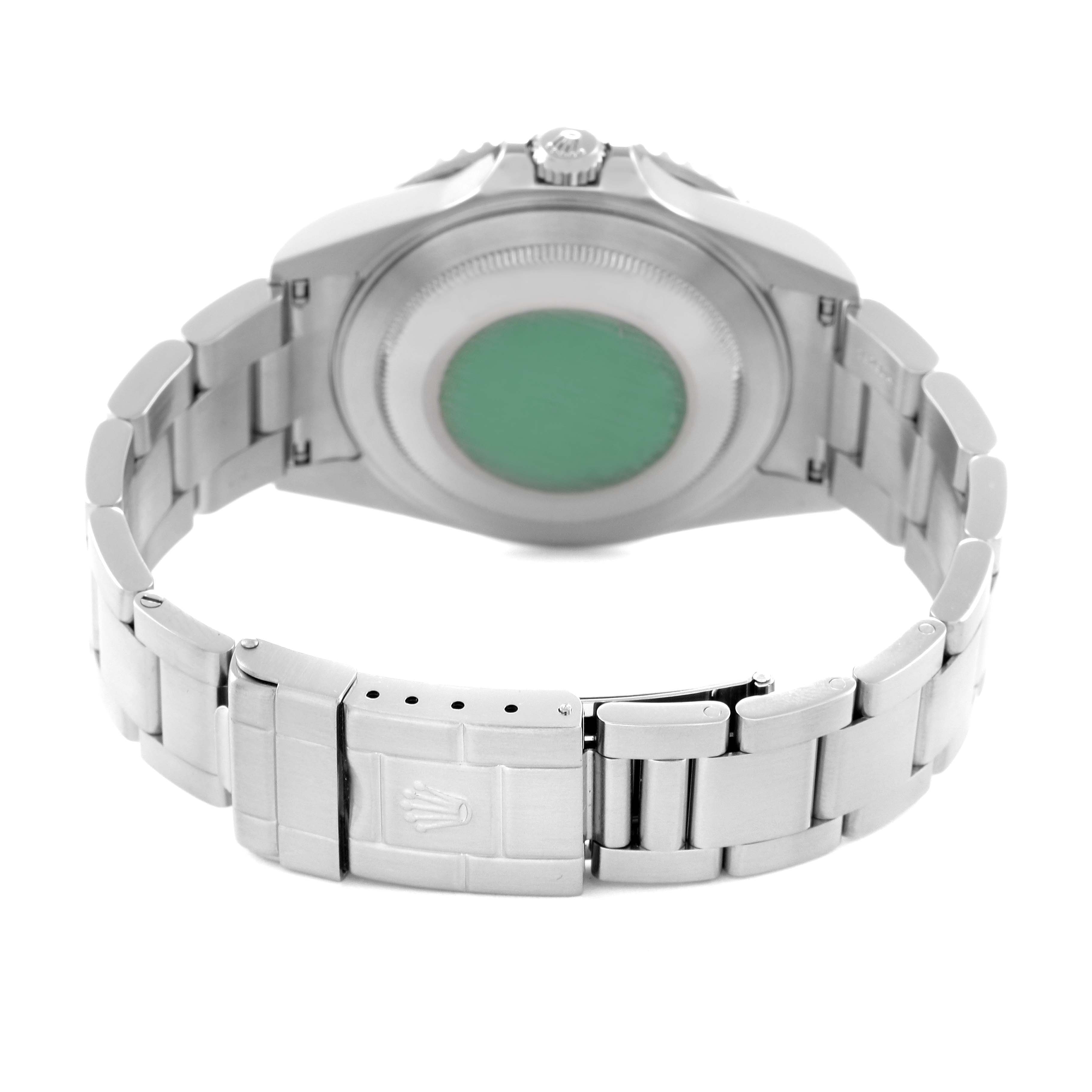 The Rolex GMT-Master 16710 Men
s Stainless Steel Black Dial 16710 Men
s Stainless Steel Black Dial is shown from the back, highlighting the case back and part of the bracelet with clasp.