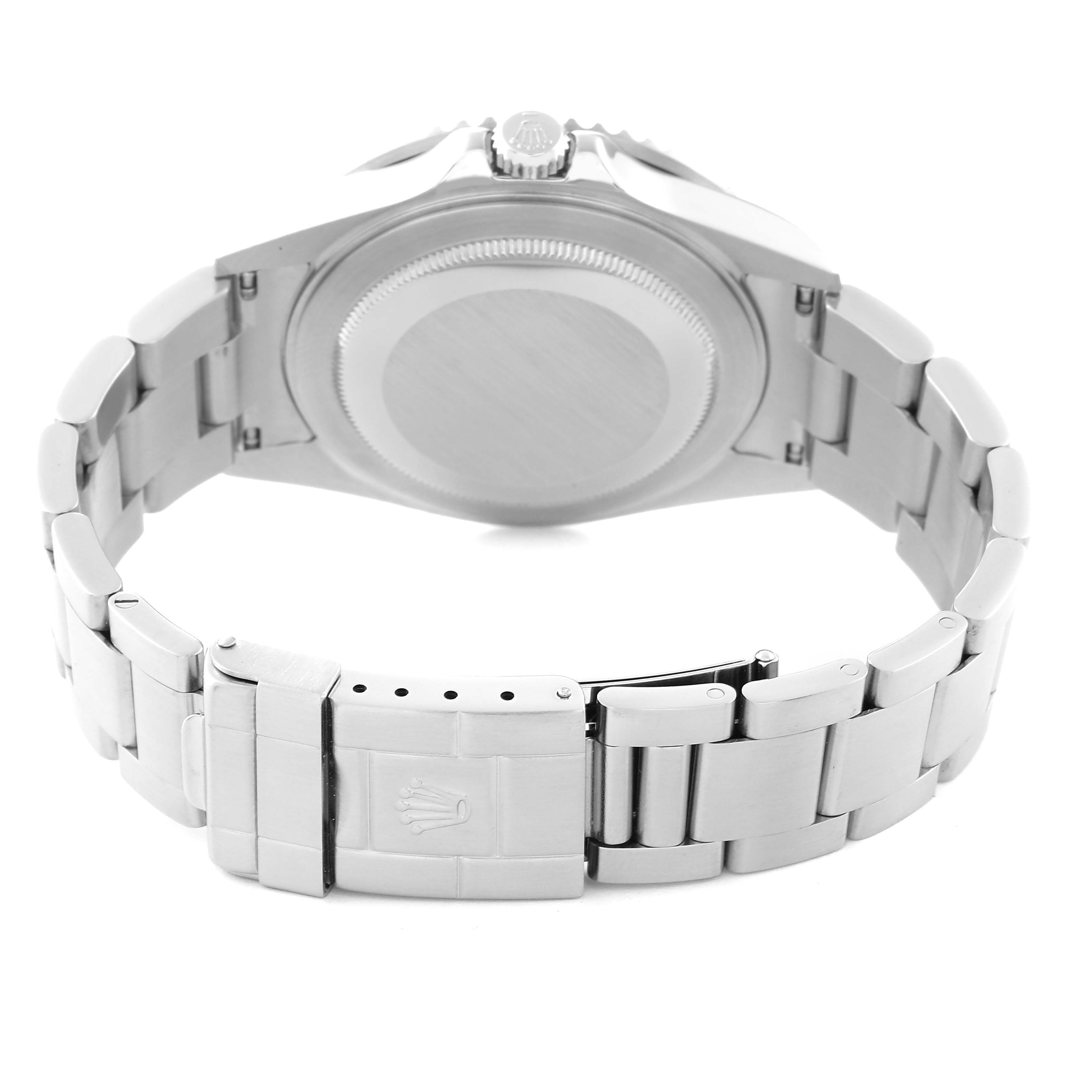 The image shows the rear view of a Rolex GMT-Master 16710 Men
s Stainless Steel Black Dial 16710 Men
s Stainless Steel Black Dial watch, highlighting the case back, bracelet, and clasp.