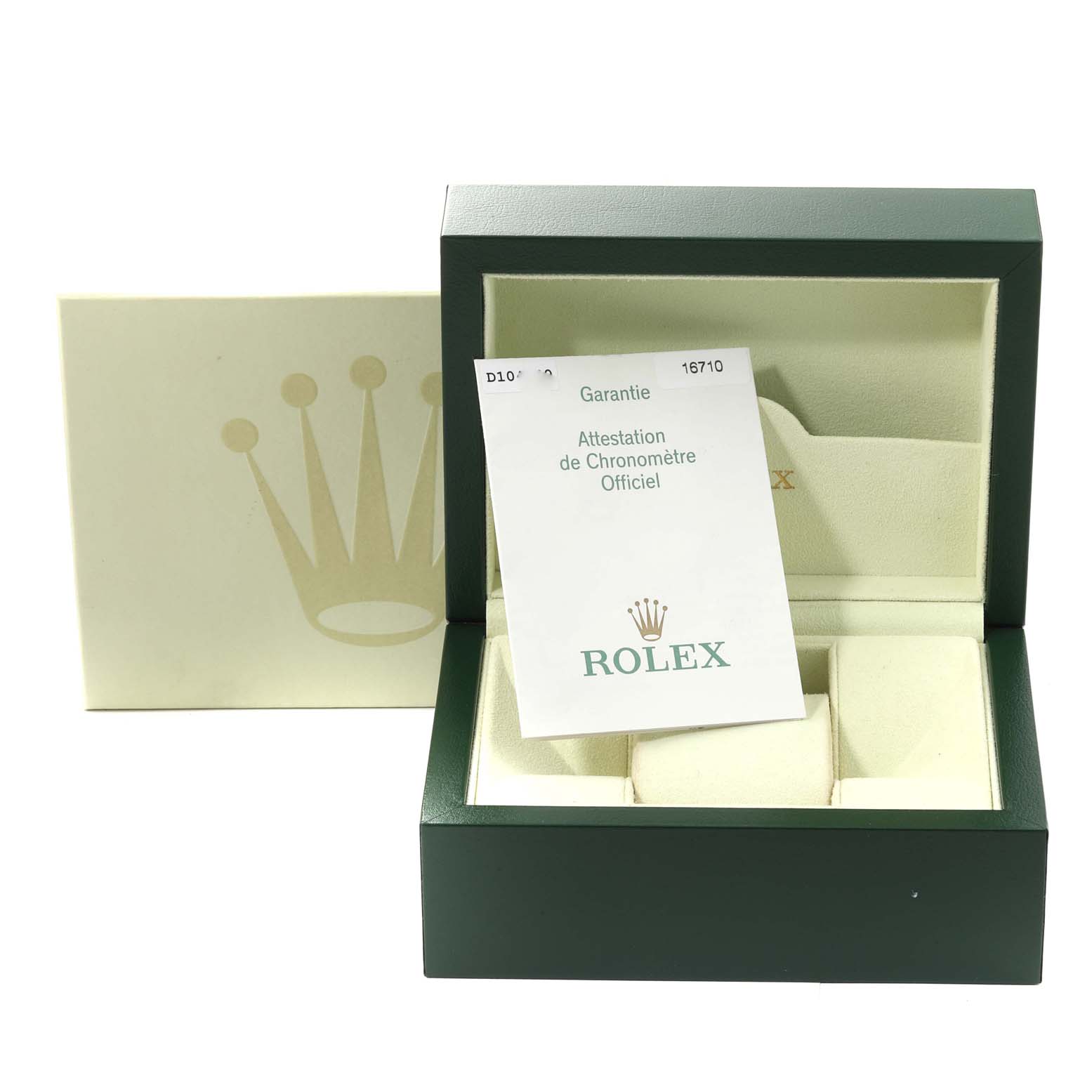 The image shows an open Rolex GMT-Master 16710 Men
s Stainless Steel Black Dial 16710 Men
s Stainless Steel Black Dial watch box with an official chronometer certification booklet placed inside.