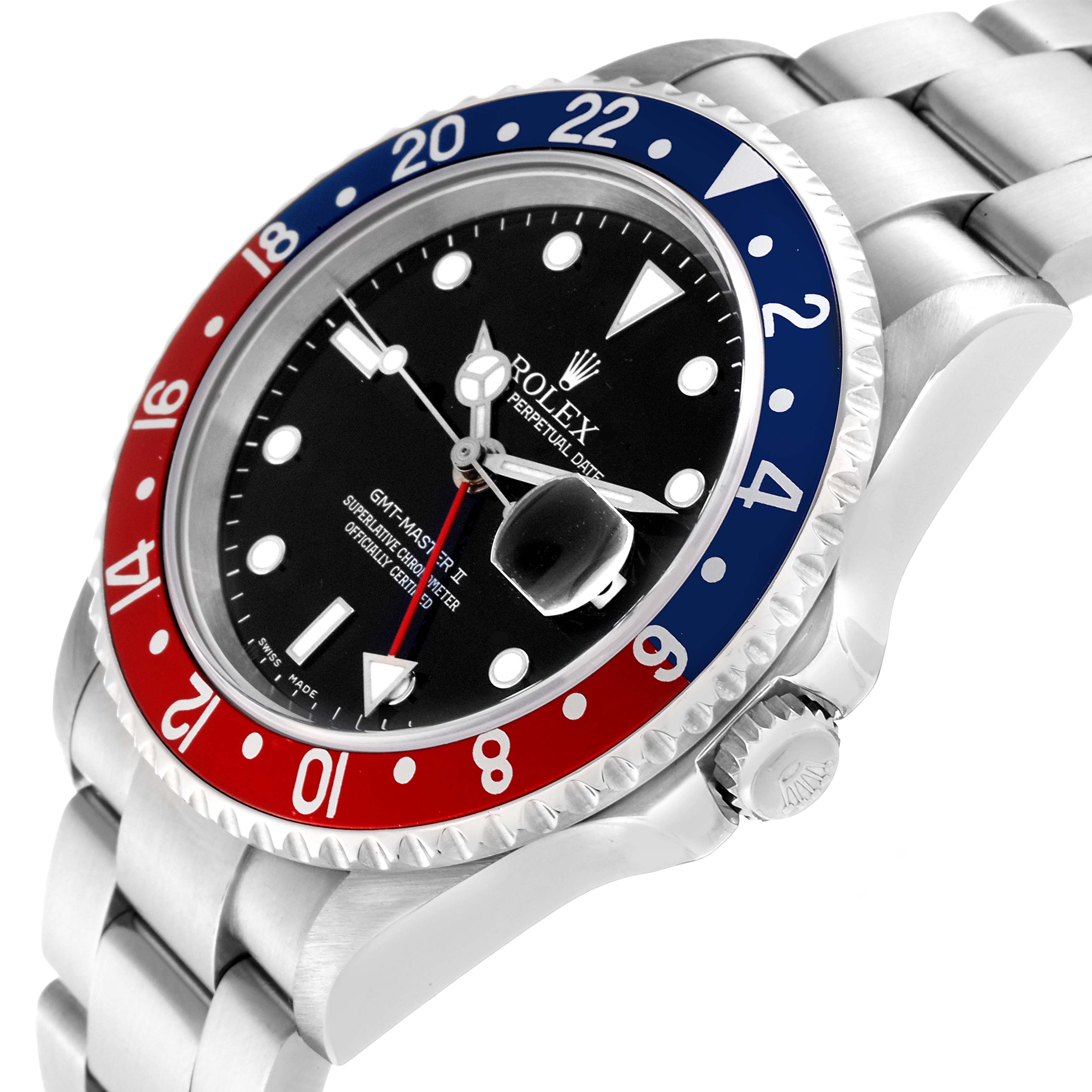 The image shows a Rolex GMT-Master 16710 Men
s Stainless Steel Black Dial 16710 Men
s Stainless Steel Black Dial II watch at an angled close-up, highlighting its bezel, dial, crown, and bracelet.