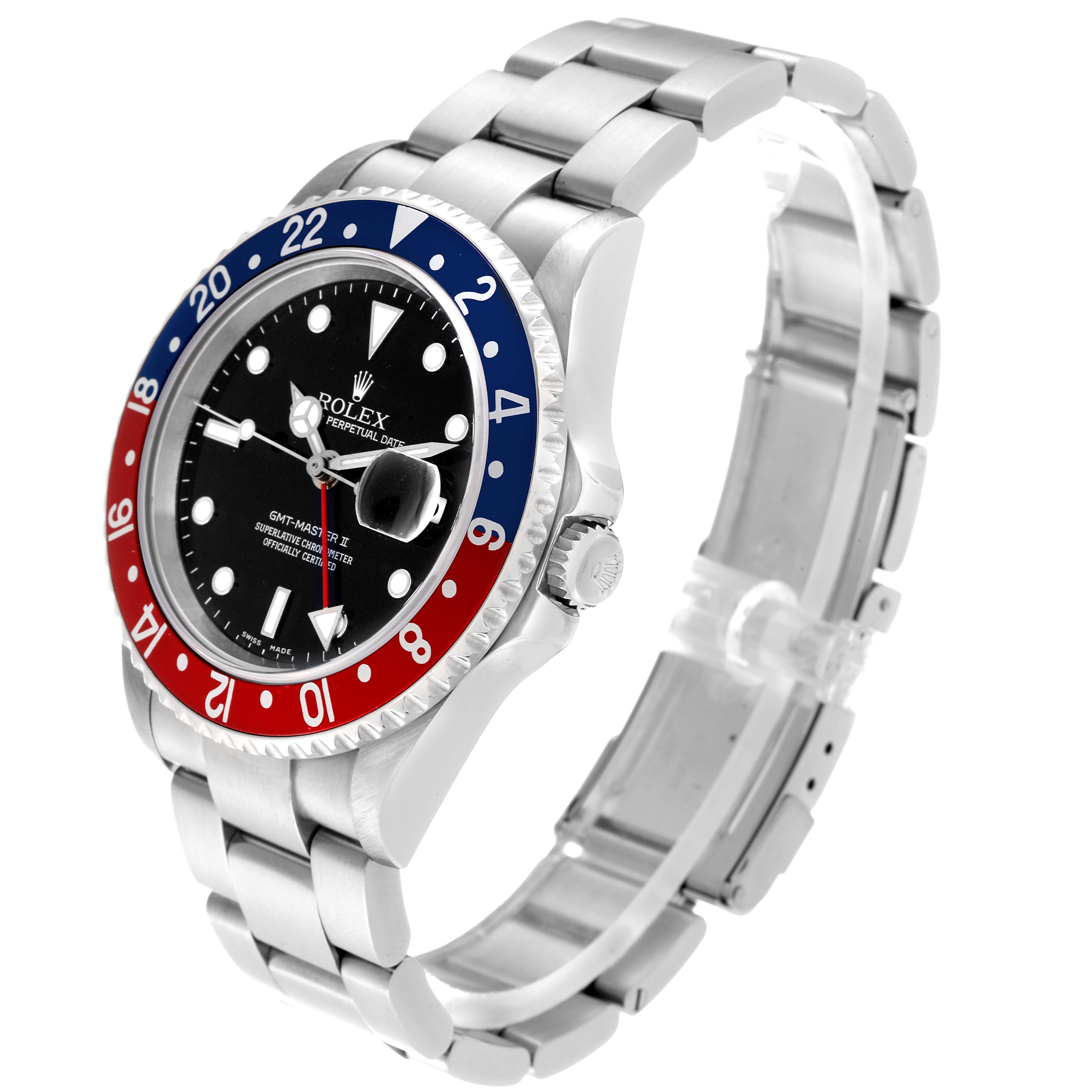 The image shows a Rolex GMT-Master 16710 Men
s Stainless Steel Black Dial 16710 Men
s Stainless Steel Black Dial watch in a three-quarter angle, displaying the bezel, dial, crown, and bracelet.