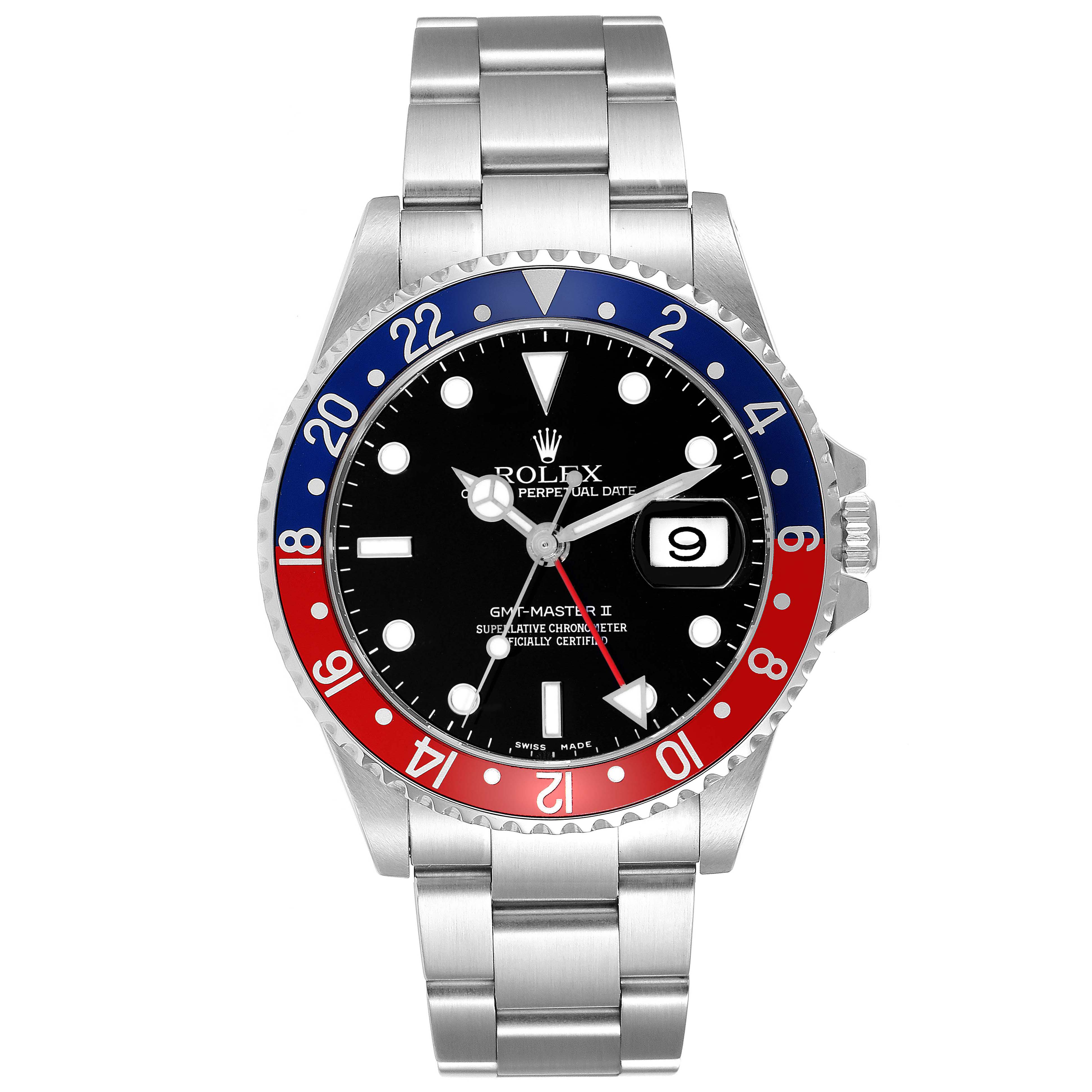 The image shows a frontal view of a Rolex GMT-Master 16710 Men
s Stainless Steel Black Dial 16710 Men
s Stainless Steel Black Dial watch with a stainless steel bracelet and a red and blue bezel.