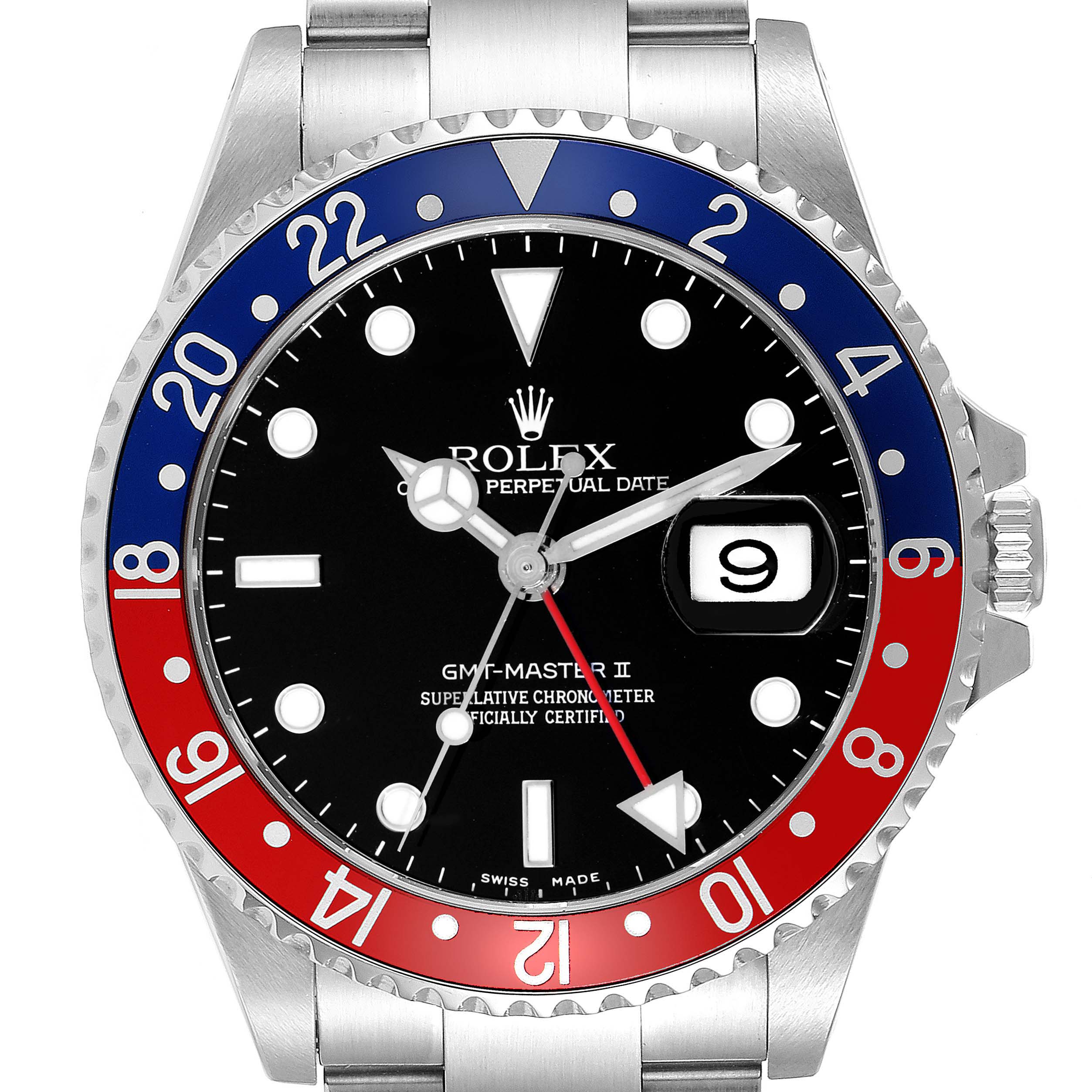 The image shows a frontal view of the Rolex GMT-Master 16710 Men
s Stainless Steel Black Dial 16710 Men
s Stainless Steel Black Dial II watch featuring a black dial and a two-tone red and blue bezel.