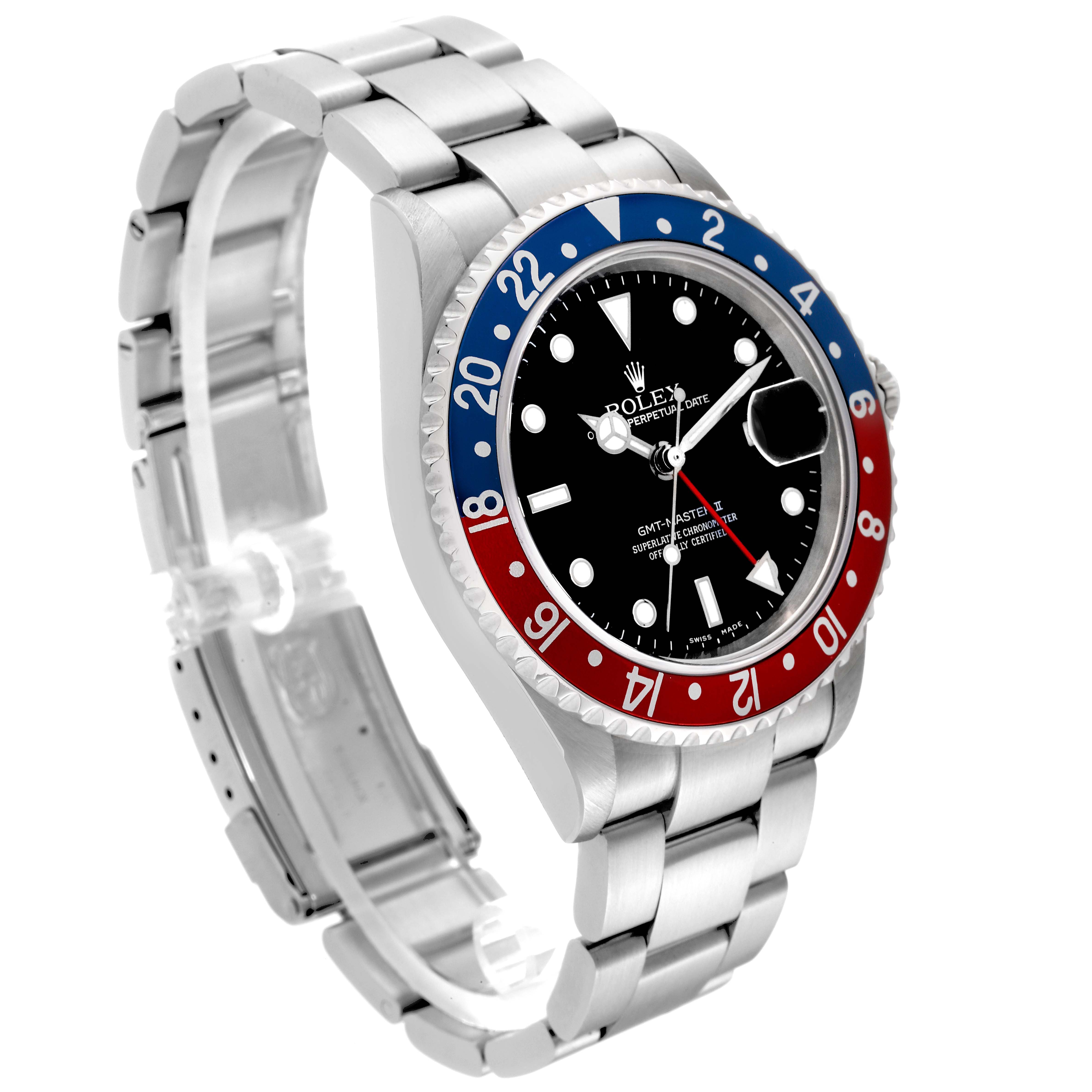The image shows a Rolex GMT-Master 16710 Men
s Stainless Steel Black Dial 16710 Men
s Stainless Steel Black Dial watch at a three-quarter angle, highlighting the bezel, dial, and part of the bracelet.
