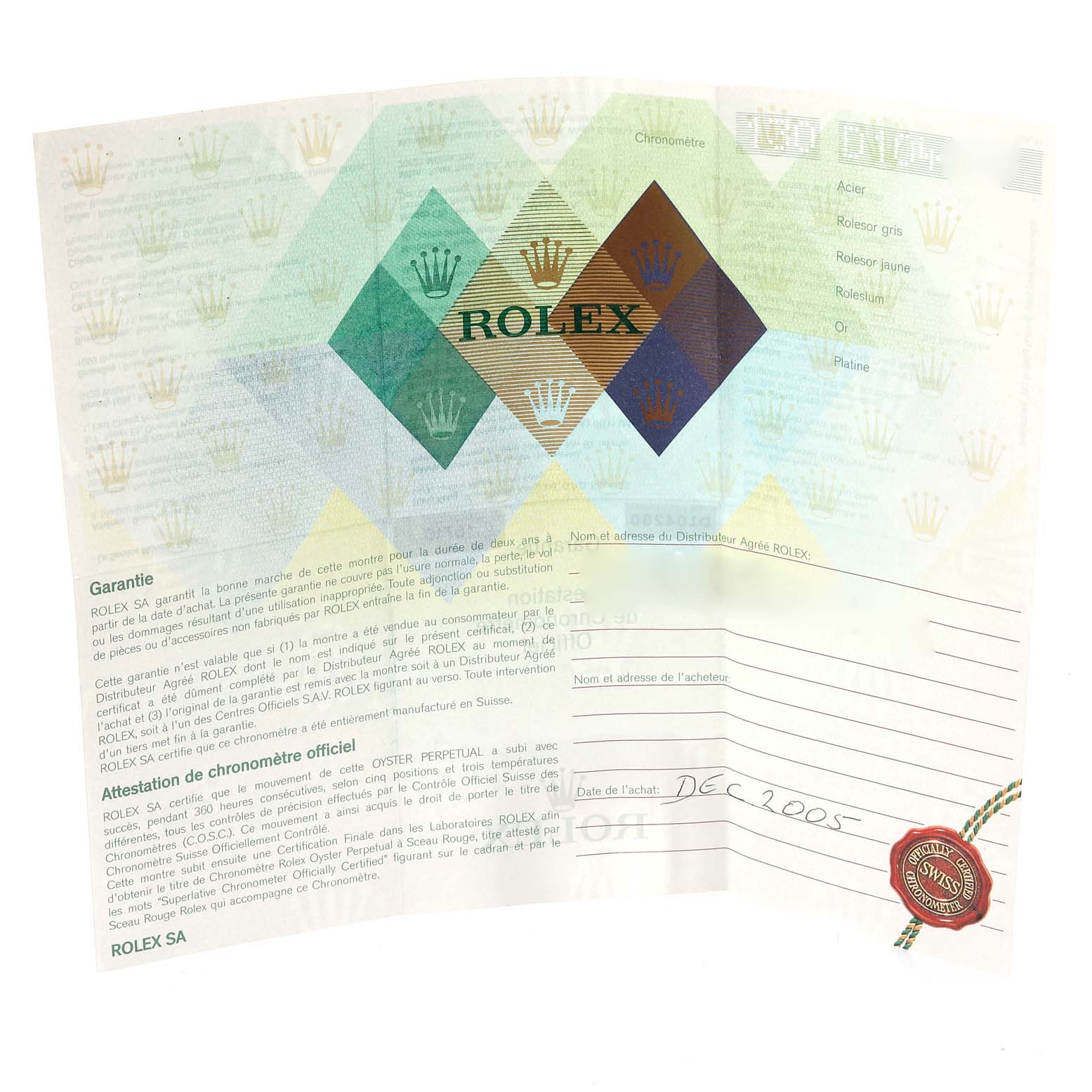 The image shows the warranty certificate for a Rolex GMT-Master 16710 Men
s Stainless Steel Black Dial 16710 Men
s Stainless Steel Black Dial watch, featuring the brand
s logo and official seals.