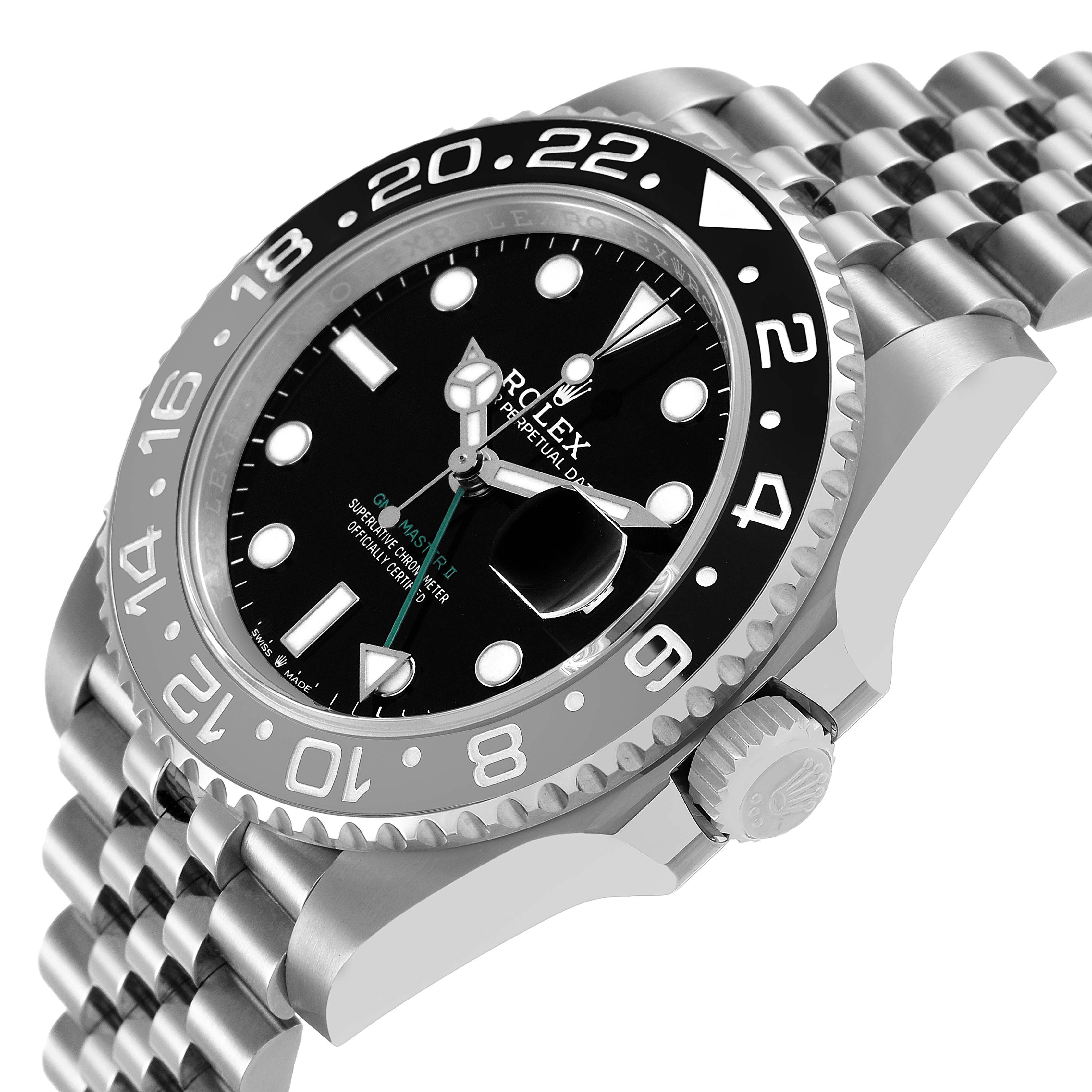 The Rolex GMT-Master M126710GRNR Men's Stainless Steel Black Dial watch is shown at a slight angle, displaying the bezel, crown, dial, and part of the bracelet.