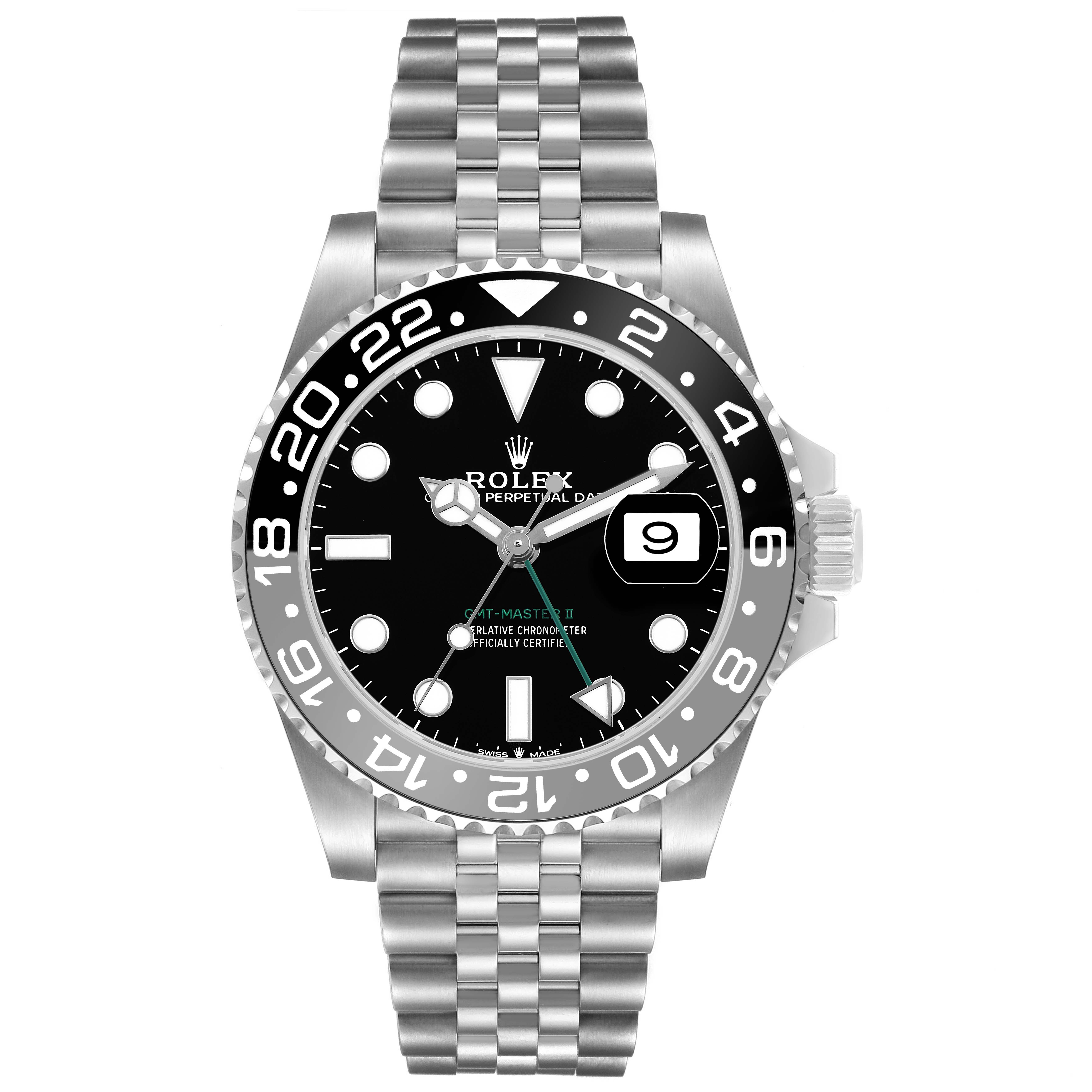 The Rolex GMT-Master M126710GRNR Men's Stainless Steel Black Dial watch is shown from a front angle, highlighting the bezel, dial, and Jubilee bracelet.