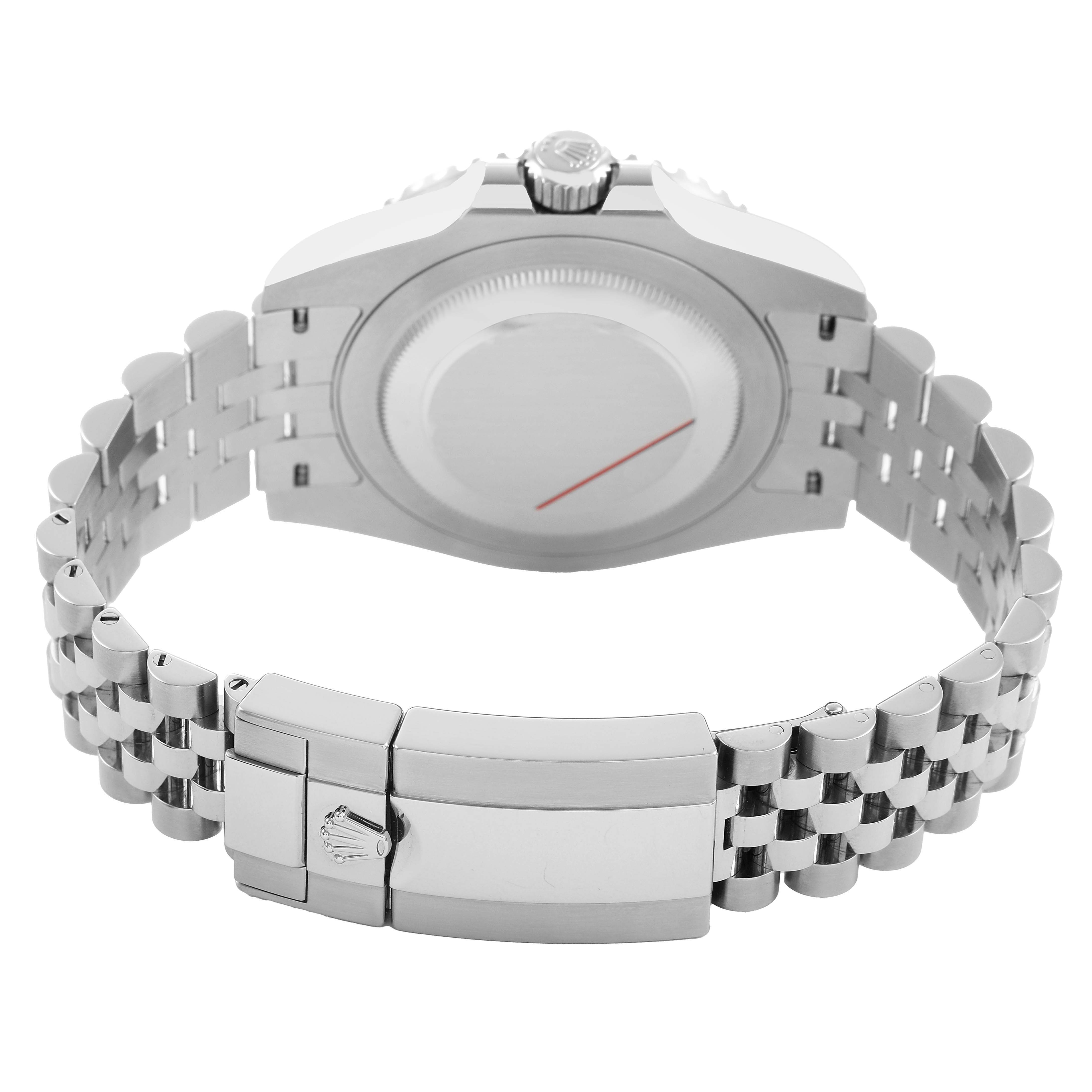 The image shows the back of a Rolex GMT-Master M126710GRNR Men's Stainless Steel Black Dial watch, featuring the case back, crown, and metal bracelet with a clasp.