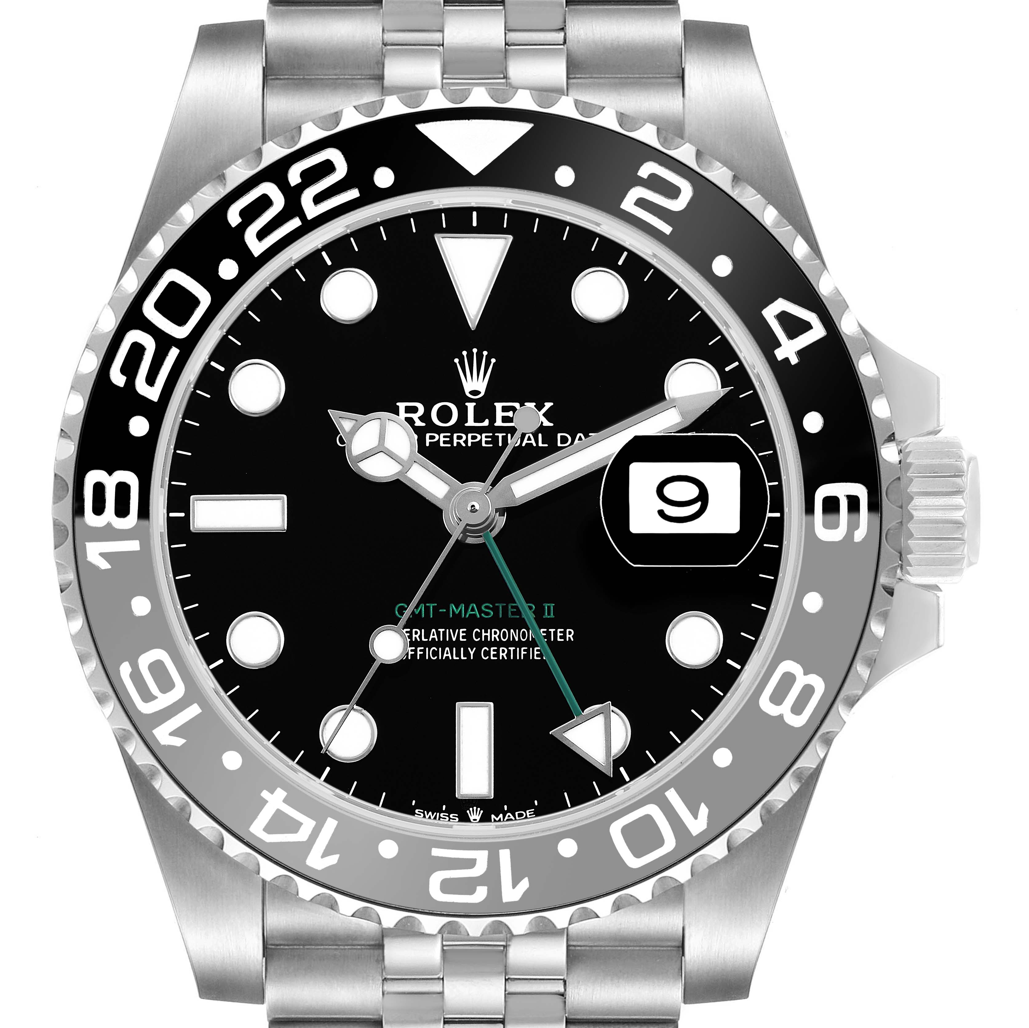 The image shows a frontal view of a Rolex GMT-Master M126710GRNR Men's Stainless Steel Black Dial II watch, displaying the dial, bezel, and bracelet.