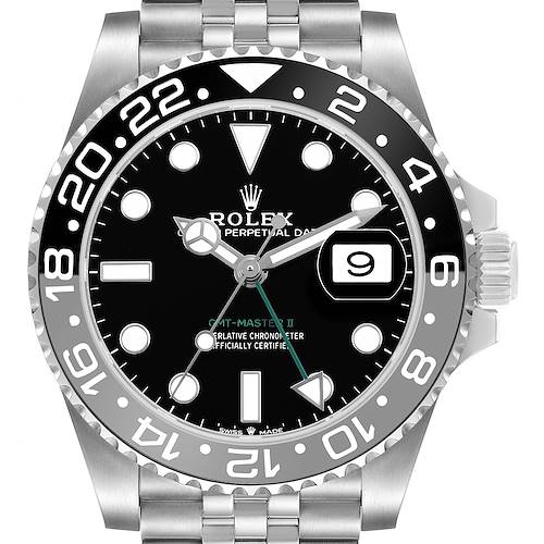 The Rolex GMT-Master M126710GRNR Men's Stainless Steel Black Dial II watch is shown from the front, displaying its bezel, dial, hands, date window, and bracelet.