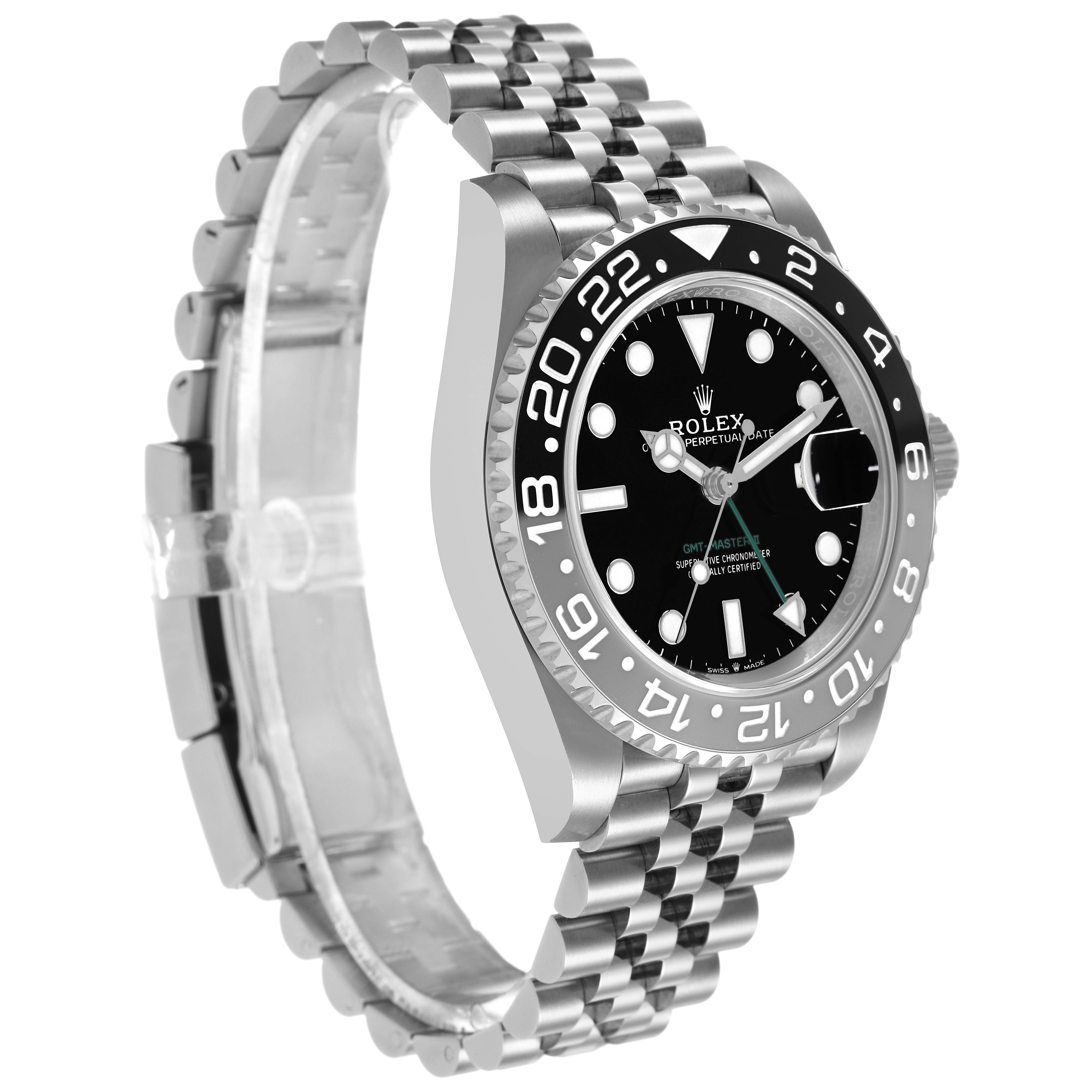 The Rolex GMT-Master M126710GRNR Men's Stainless Steel Black Dial is shown at a three-quarter angle, highlighting the watch face, bezel, and metal bracelet.