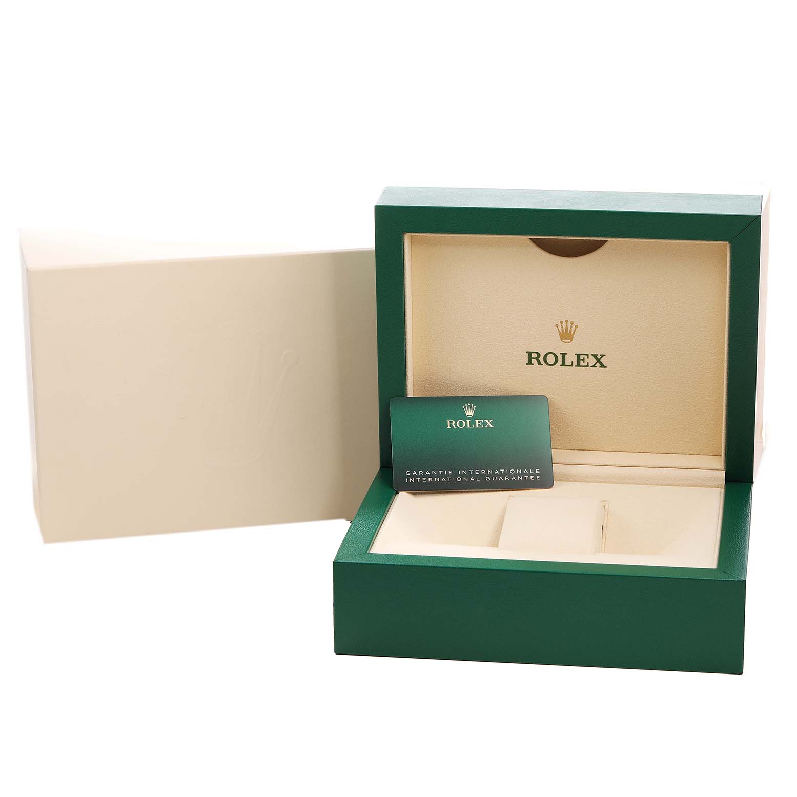 The image shows the packaging and warranty card for a Rolex GMT-Master M126710GRNR Men's Stainless Steel Black Dial watch, with the box open and a card displayed.