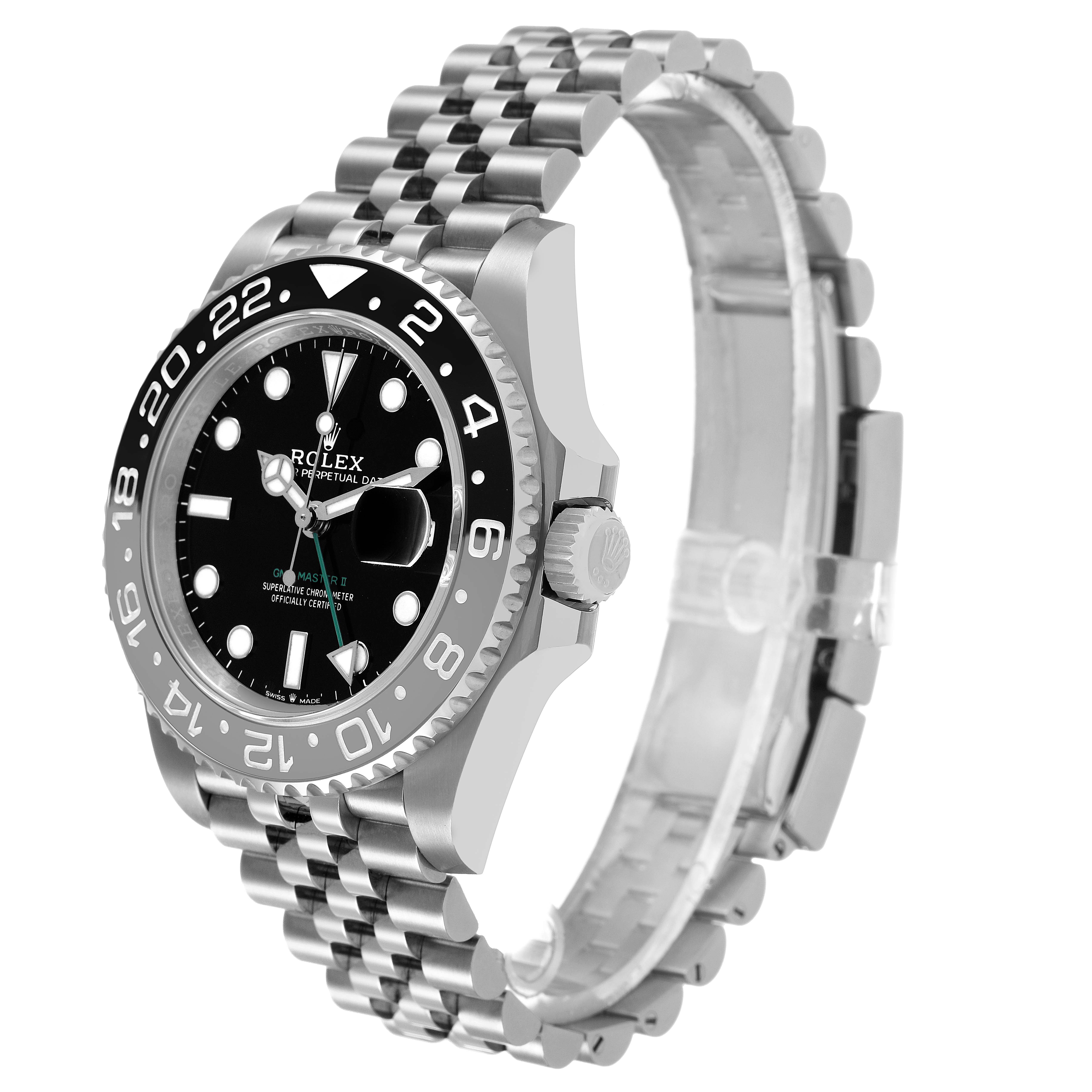 The Rolex GMT-Master M126710GRNR Men's Stainless Steel Black Dial watch is shown at an angle highlighting the face, bezel, crown, and Jubilee bracelet.