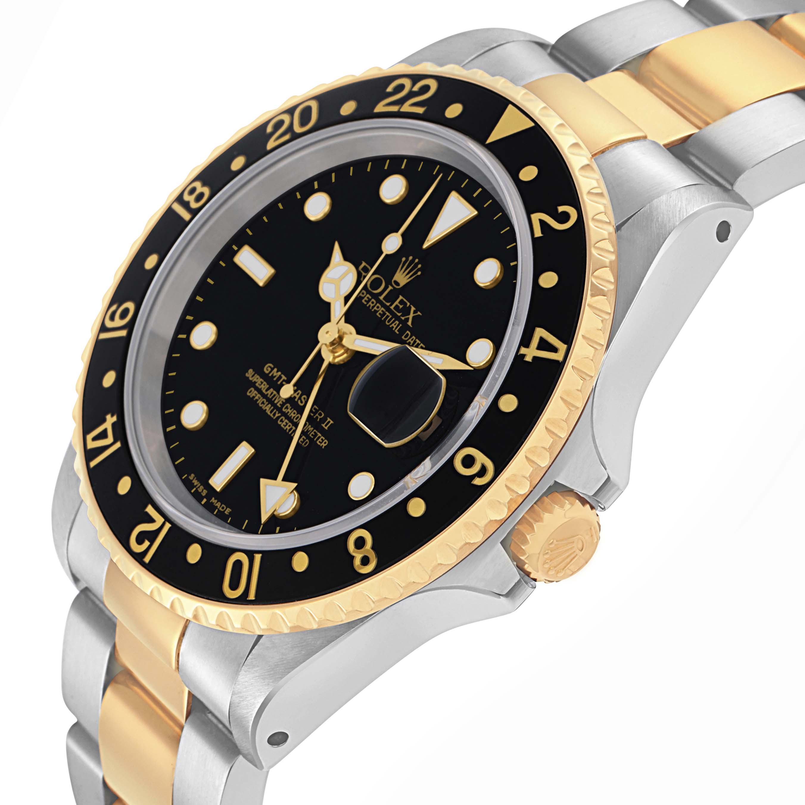 The image shows a Rolex GMT-Master 16713 Men
s Steel and Gold (two tone) Black Dial 16713 Men
s Steel and Gold (two tone) Black Dial watch at an angled view, highlighting its dual-tone bezel, dial, and part of the bracelet.