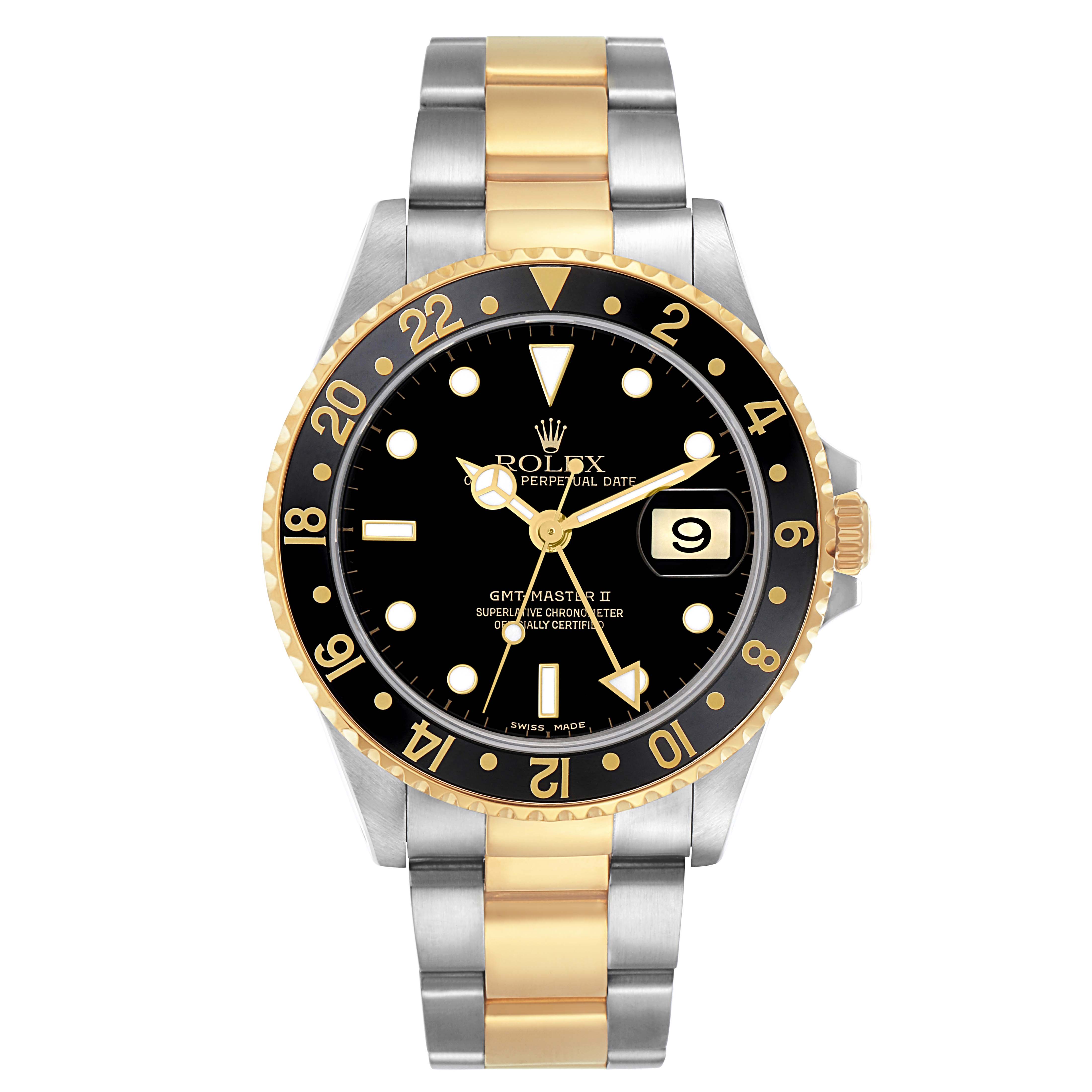 The Rolex GMT-Master 16713 Men
s Steel and Gold (two tone) Black Dial 16713 Men
s Steel and Gold (two tone) Black Dial II watch is shown from the front, displaying the dial, bezel, and bracelet.