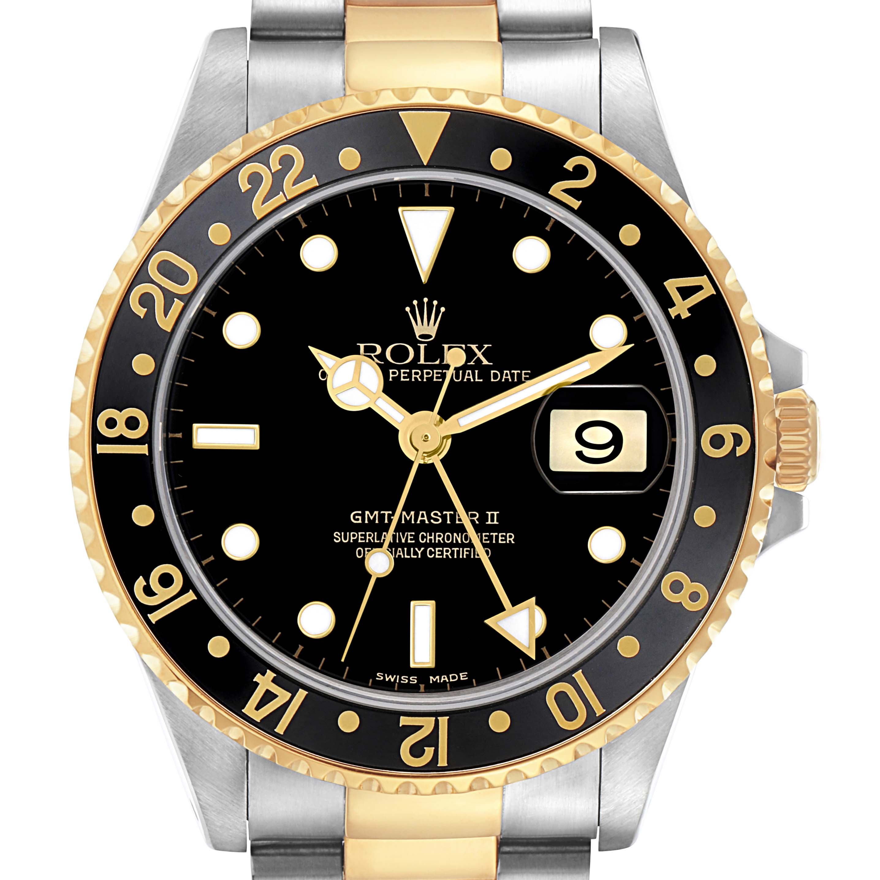 The Rolex GMT-Master 16713 Men
s Steel and Gold (two tone) Black Dial 16713 Men
s Steel and Gold (two tone) Black Dial watch is shown from a front angle, highlighting the bezel, dial, hands, and date window.