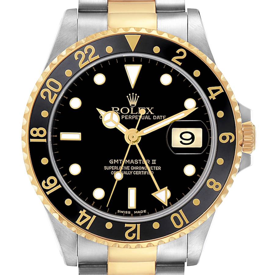 The Rolex GMT-Master watch is shown from a front angle, highlighting the bezel, dial, hands, and date window.
