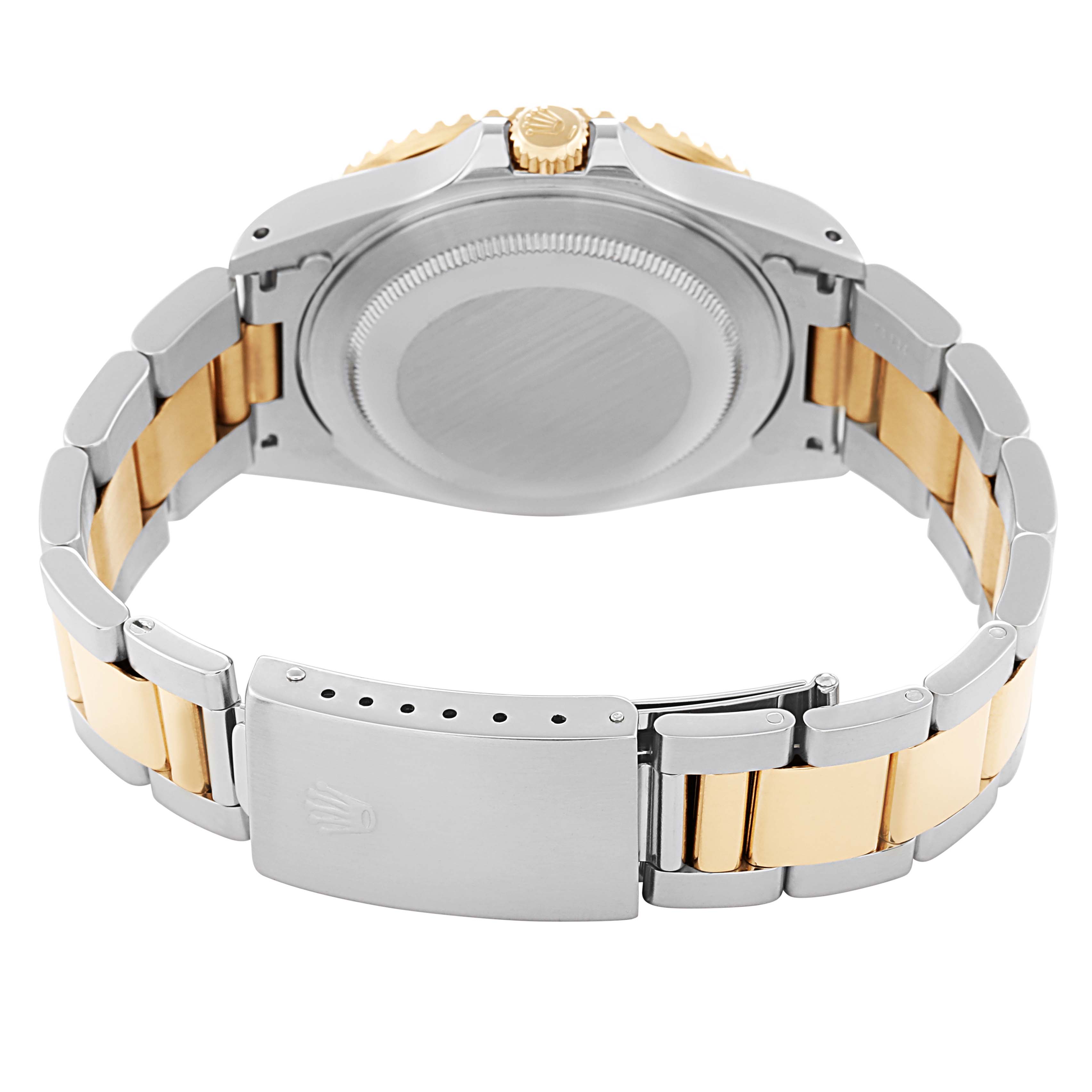 The image shows the back view of a Rolex GMT-Master 16713 Men
s Steel and Gold (two tone) Black Dial 16713 Men
s Steel and Gold (two tone) Black Dial, highlighting the clasp, bracelet, case back, and crown.