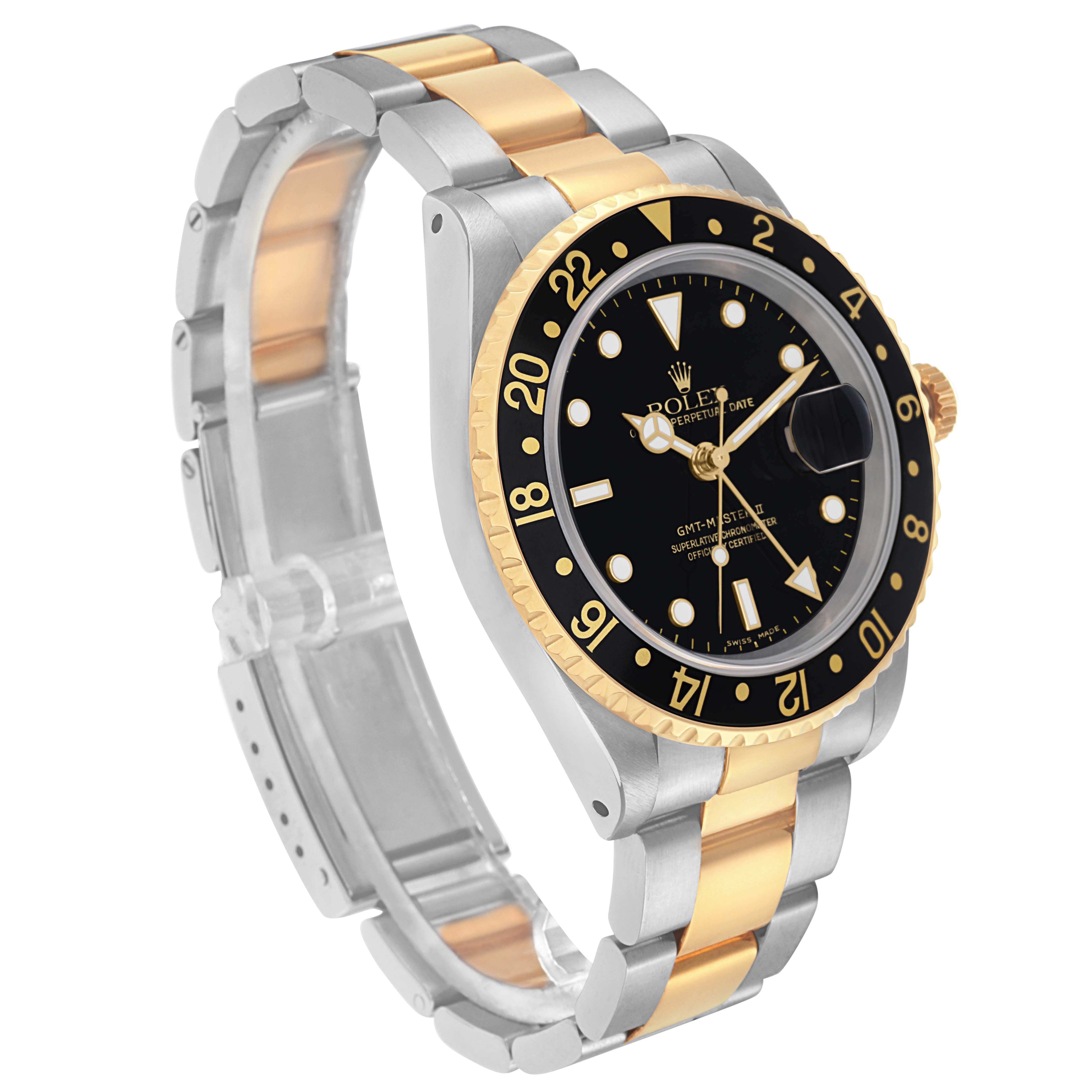 The image shows a Rolex GMT-Master 16713 Men
s Steel and Gold (two tone) Black Dial 16713 Men
s Steel and Gold (two tone) Black Dial watch at a three-quarter angle, highlighting its two-tone bracelet and bezel.