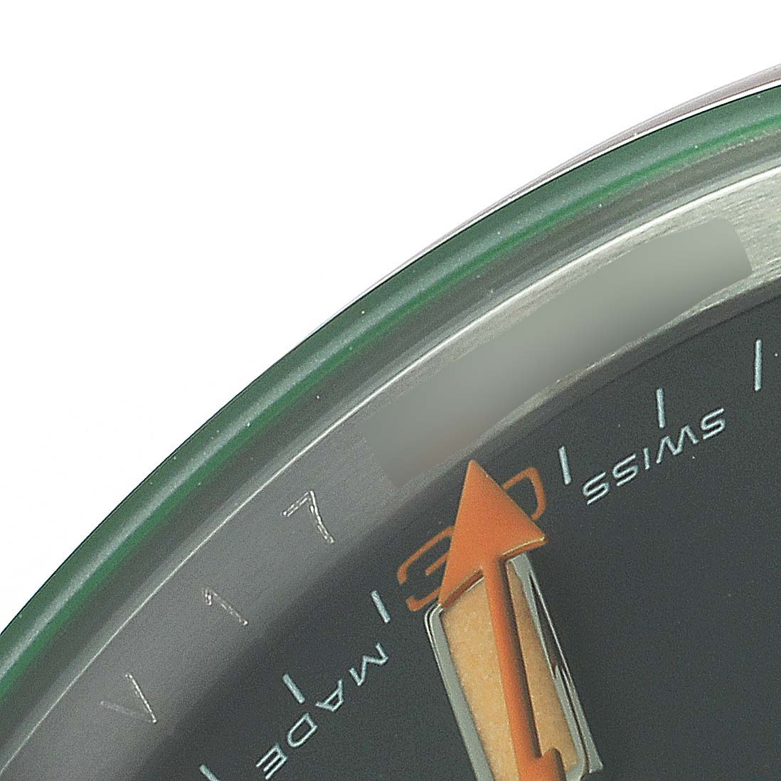 This close-up angle shows the seconds hand and part of the dial with "Swiss Made" text on a Rolex Milgauss 116400V Men
s Stainless Steel Black Dial 116400V Men
s Stainless Steel Black Dial watch.