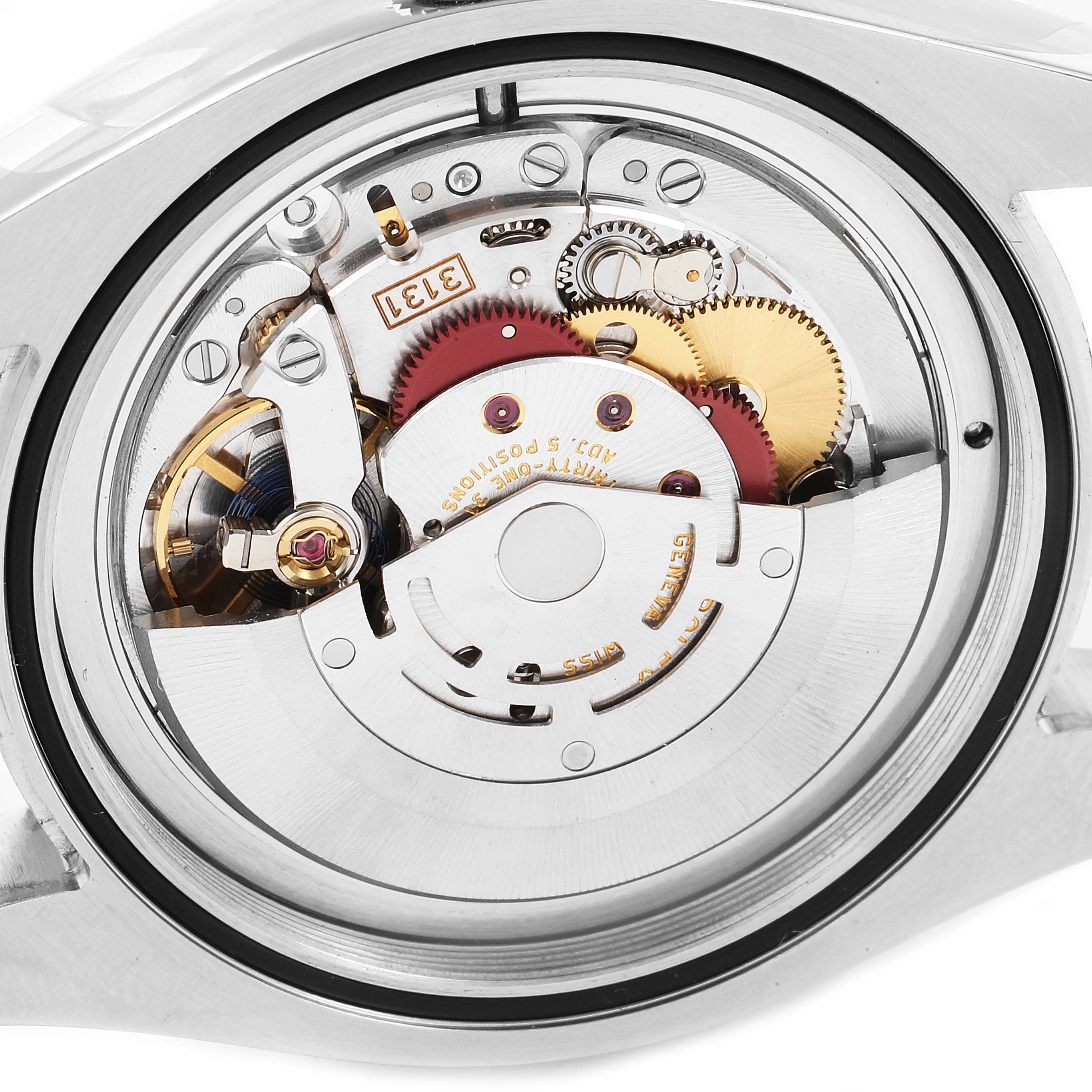 This image shows the internal mechanical movement of the Rolex Milgauss 116400V Men
s Stainless Steel Black Dial 116400V Men
s Stainless Steel Black Dial watch from a back view.