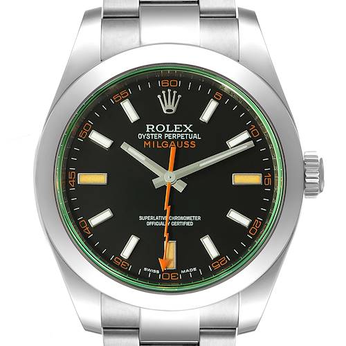 Photo of Rolex Milgauss Black Dial Green Crystal Steel Mens Watch 116400V Box Card
