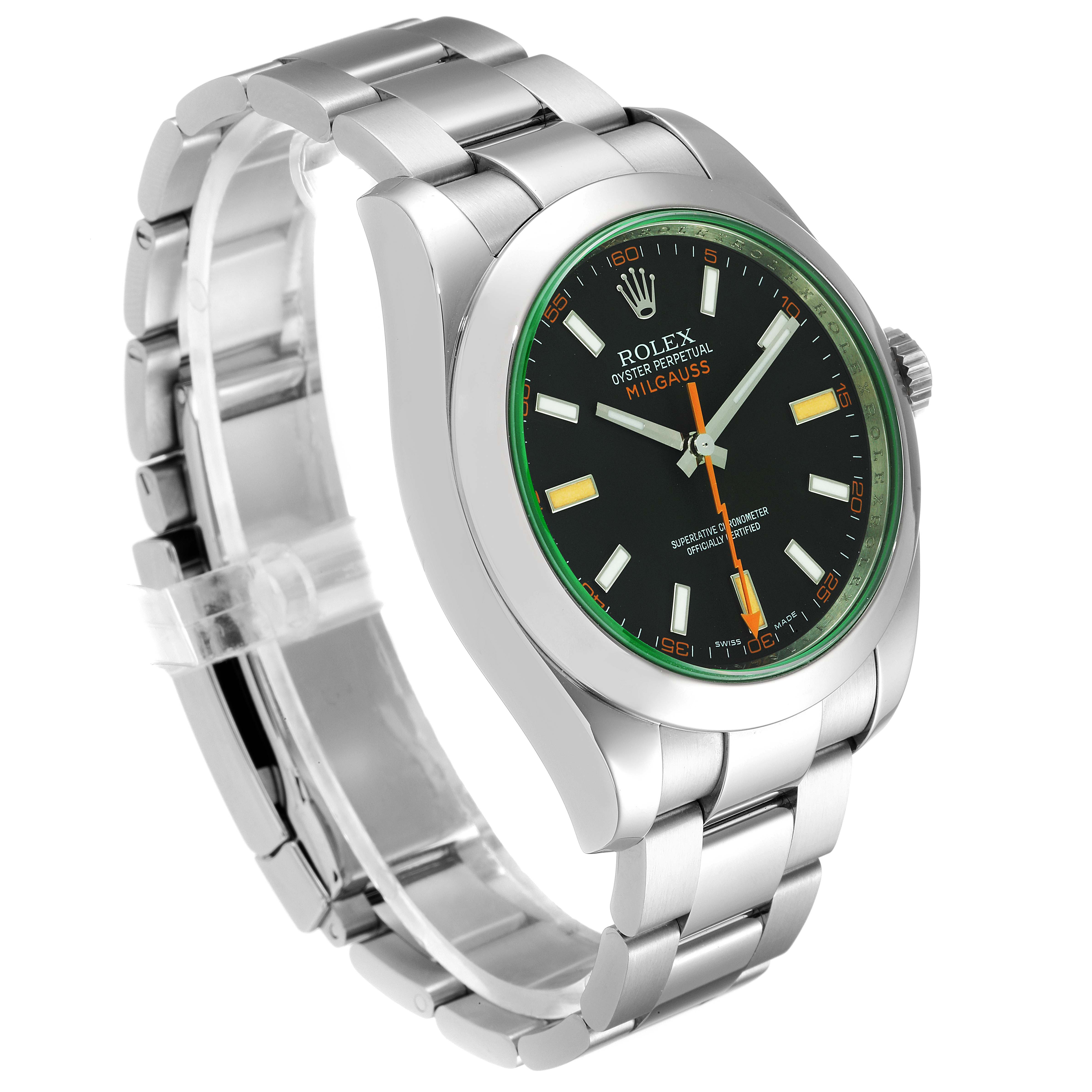 This image shows a Rolex Milgauss 116400V Men
s Stainless Steel Black Dial 116400V Men
s Stainless Steel Black Dial watch at a slight left-side angle, highlighting the face, bezel, crown, and part of the bracelet.