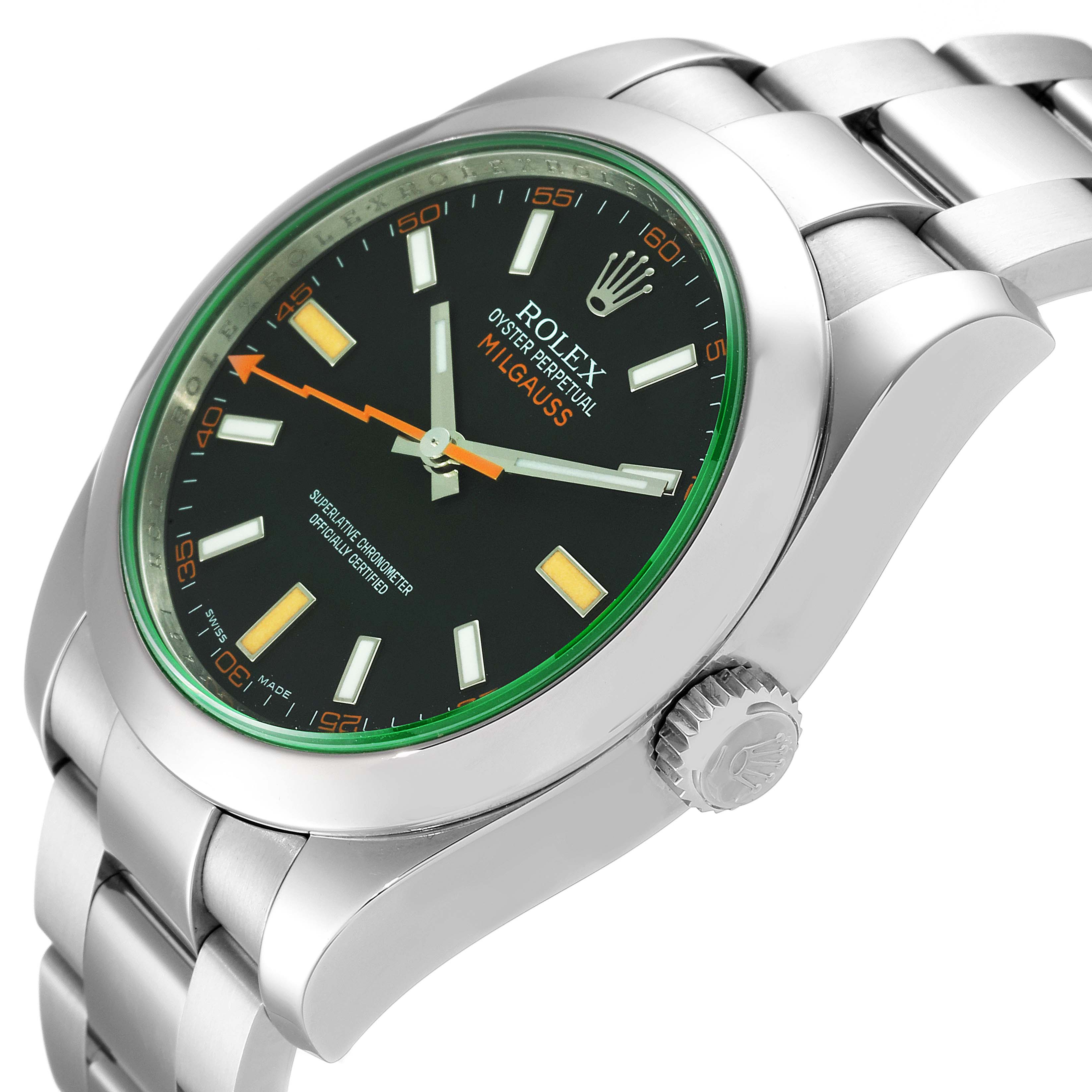 This image shows a Rolex Milgauss 116400V Men
s Stainless Steel Black Dial 116400V Men
s Stainless Steel Black Dial watch at an angle highlighting the dial, bezel, crown, and part of the bracelet.