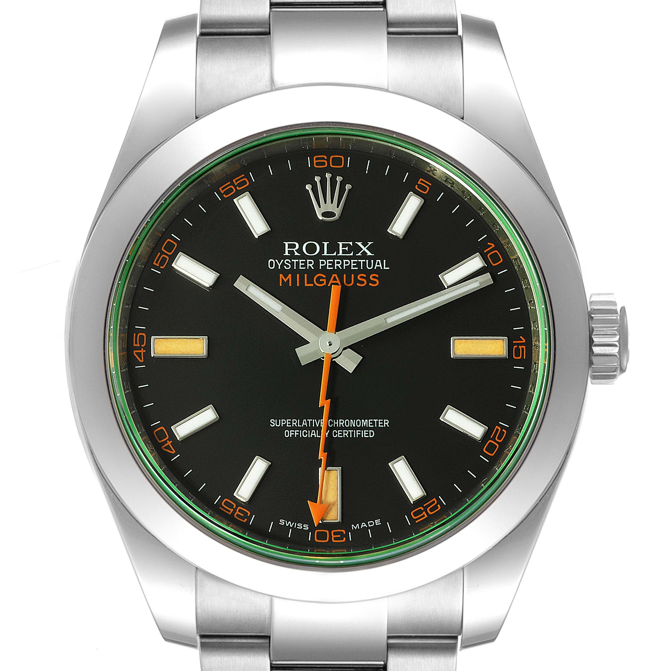 This image shows a front view of the Rolex Milgauss 116400V Men
s Stainless Steel Black Dial 116400V Men
s Stainless Steel Black Dial watch, highlighting the dial, hands, bezel, and bracelet.