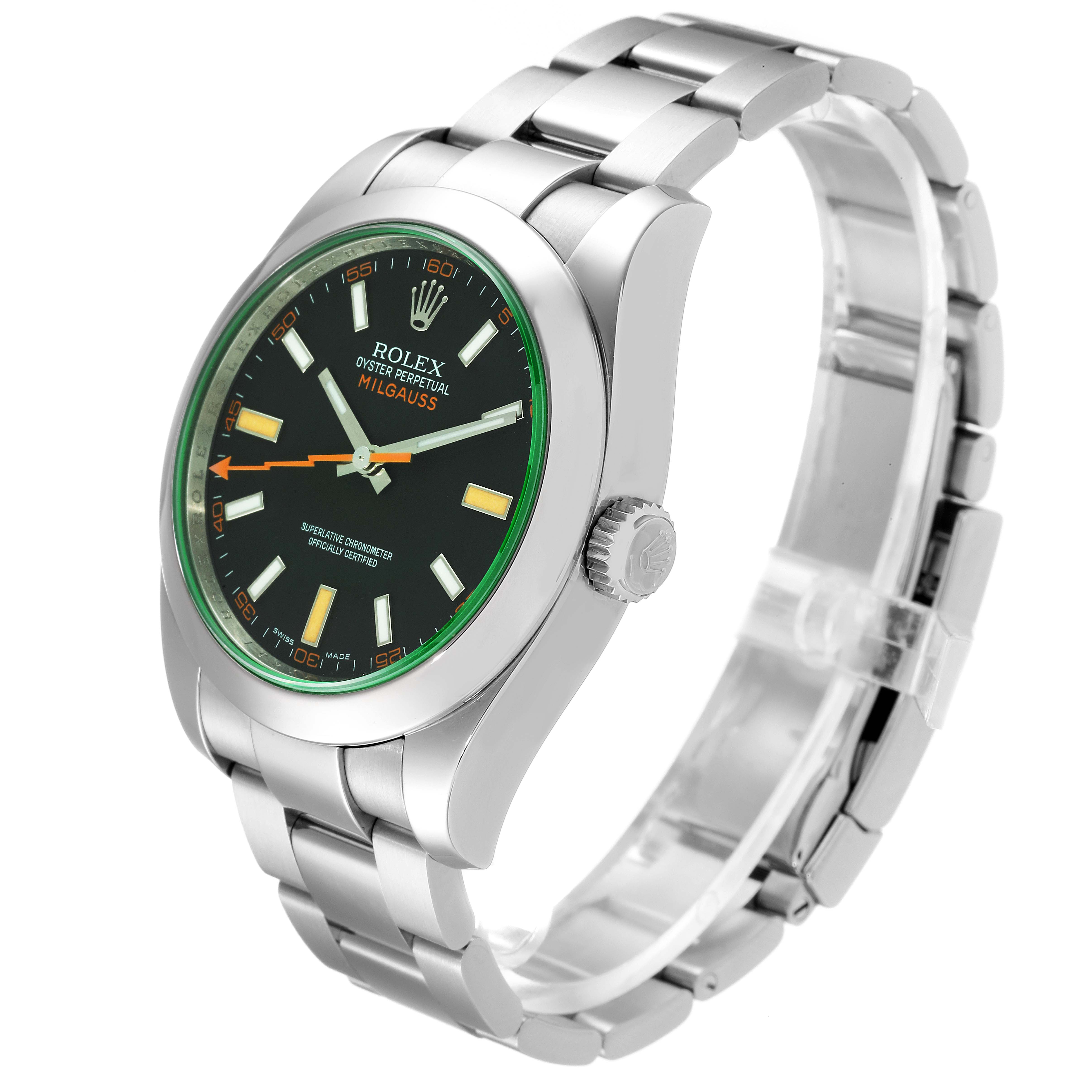 The image shows a Rolex Milgauss 116400V Men
s Stainless Steel Black Dial 116400V Men
s Stainless Steel Black Dial watch from an angled side profile, highlighting its face, bezel, and bracelet.