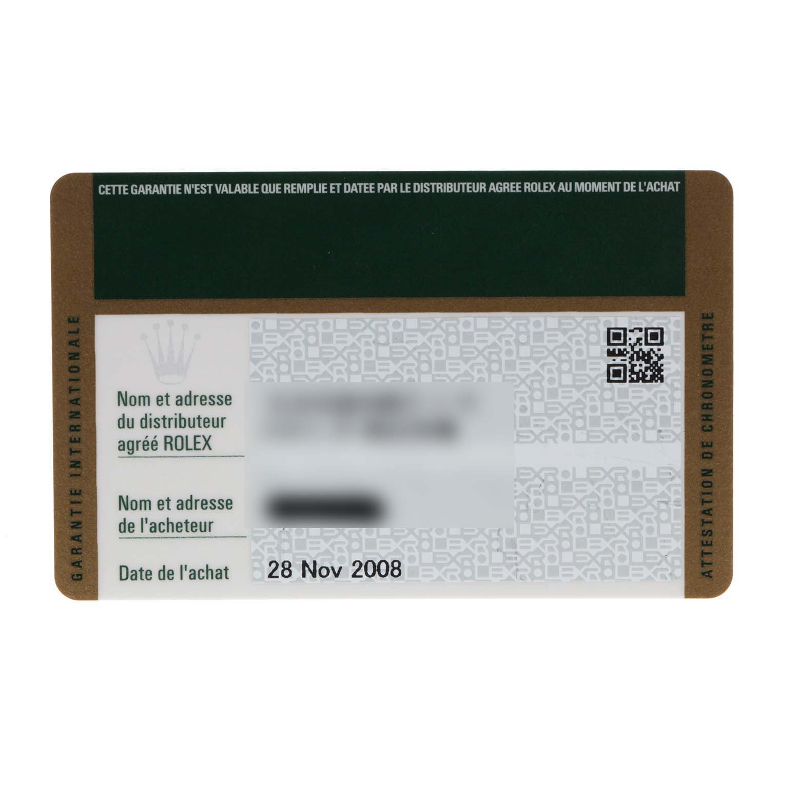 This image shows the warranty card for the Rolex Milgauss 116400V Men
s Stainless Steel Black Dial 116400V Men
s Stainless Steel Black Dial watch, displaying purchase and distributor details.