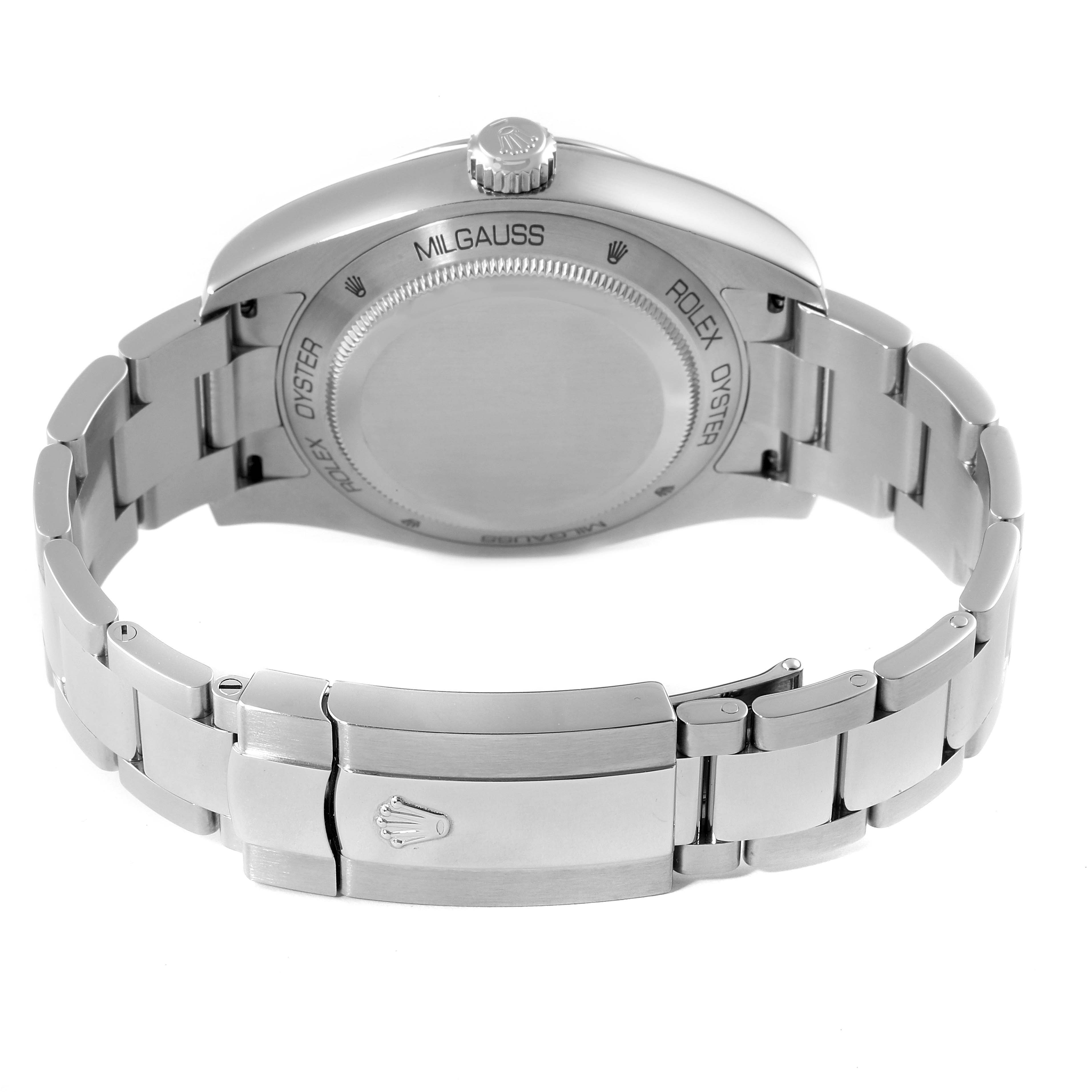 This image shows the back case and bracelet of a Rolex Milgauss 116400V Men
s Stainless Steel Black Dial 116400V Men
s Stainless Steel Black Dial watch from an overhead angle.