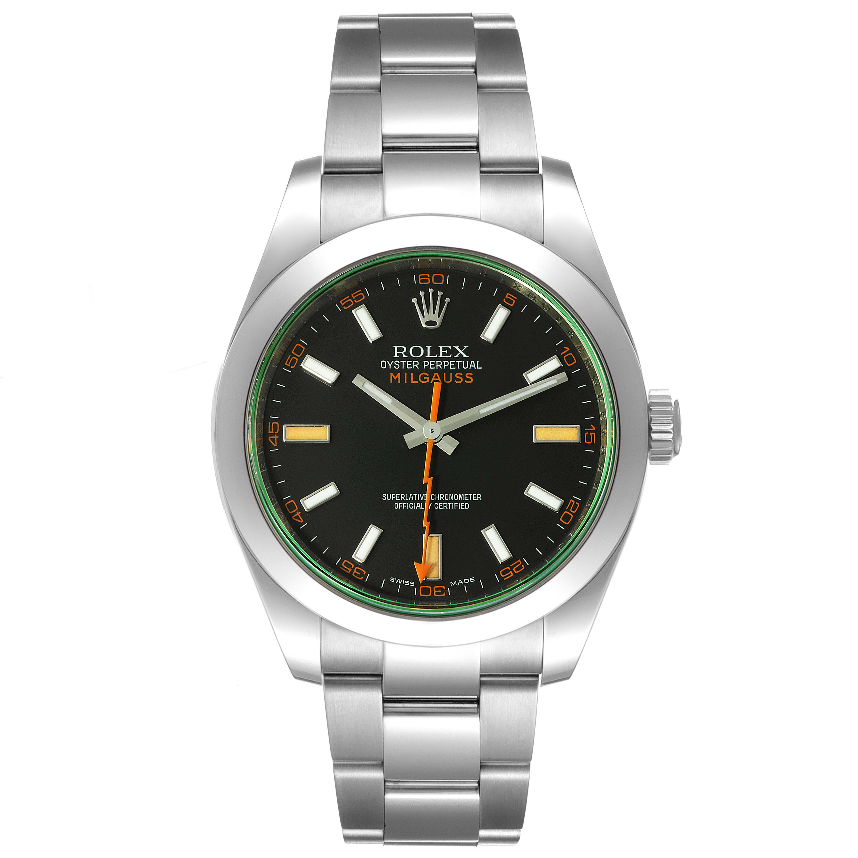 The image shows a front view of a Rolex Milgauss 116400V Men
s Stainless Steel Black Dial 116400V Men
s Stainless Steel Black Dial watch, displaying its face, bezel, and bracelet.