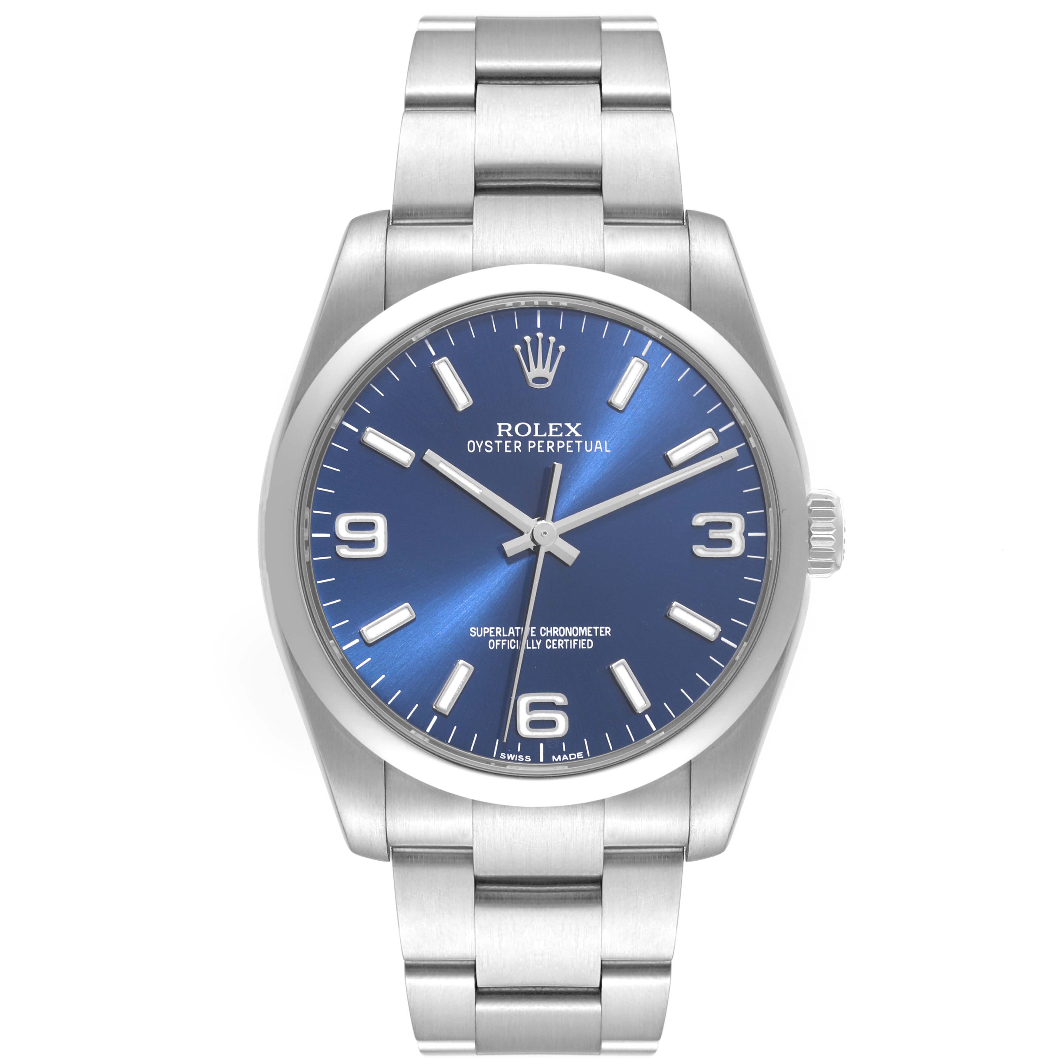 This image shows a front view of the Rolex Oyster Perpetual 116000 Men
s Stainless Steel Blue Dial 116000 Men
s Stainless Steel Blue Dial watch, highlighting the blue dial and stainless steel bracelet.