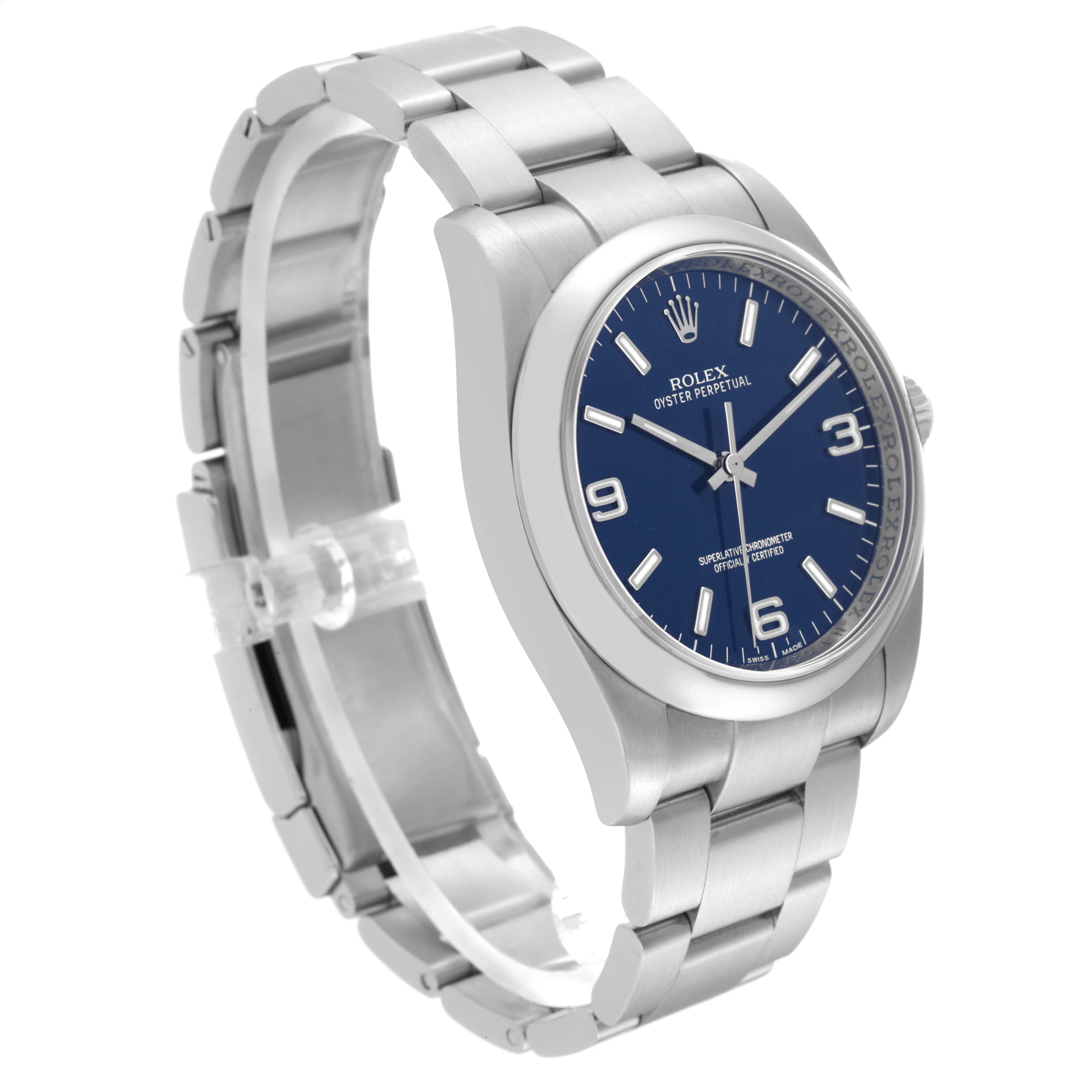 This image shows a Rolex Oyster Perpetual 116000 Men
s Stainless Steel Blue Dial 116000 Men
s Stainless Steel Blue Dial watch at an angled side view, highlighting its metal bracelet and blue dial.