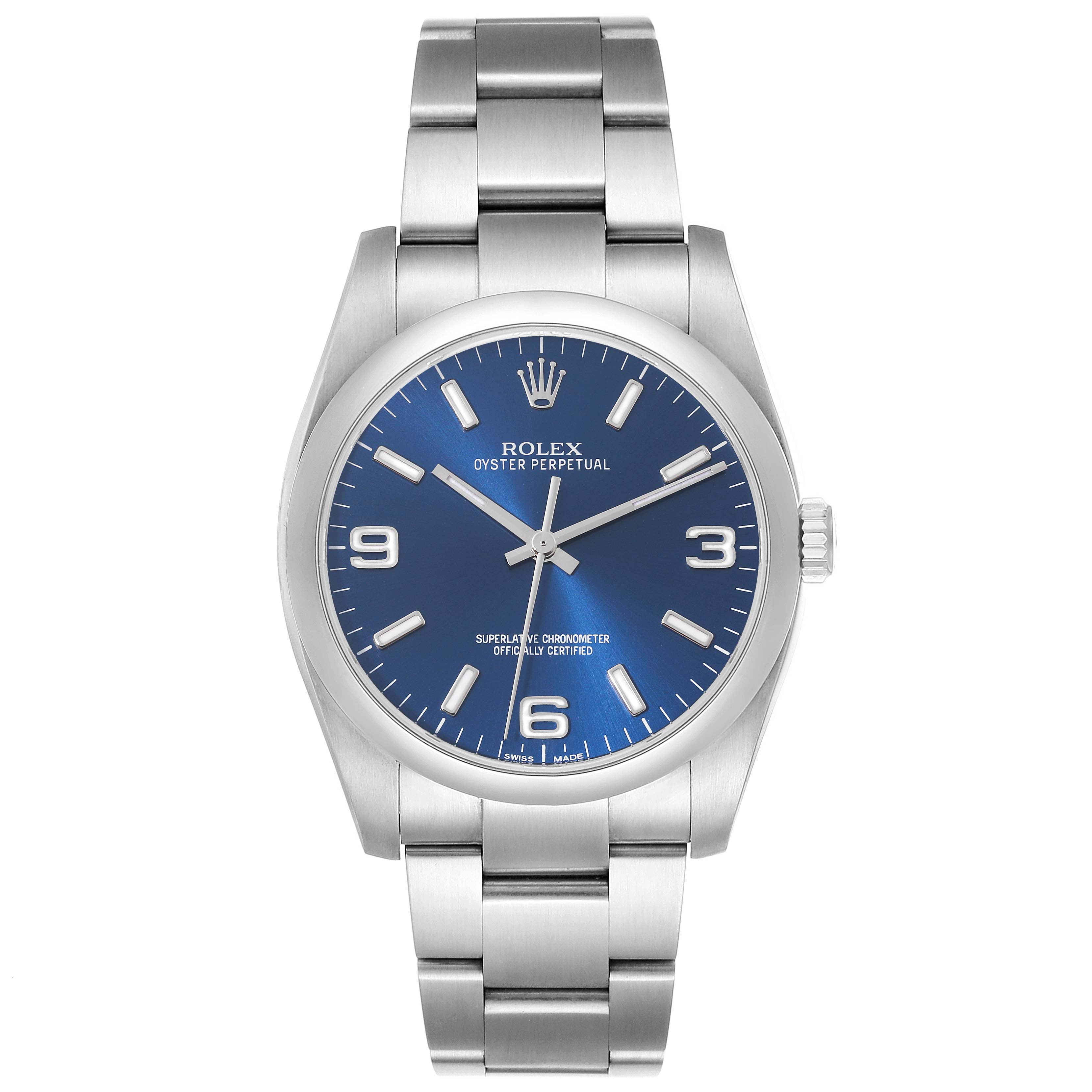 This image shows a front view of a Rolex Oyster Perpetual 116000 Men
s Stainless Steel Blue Dial 116000 Men
s Stainless Steel Blue Dial watch with a blue dial and silver bracelet.